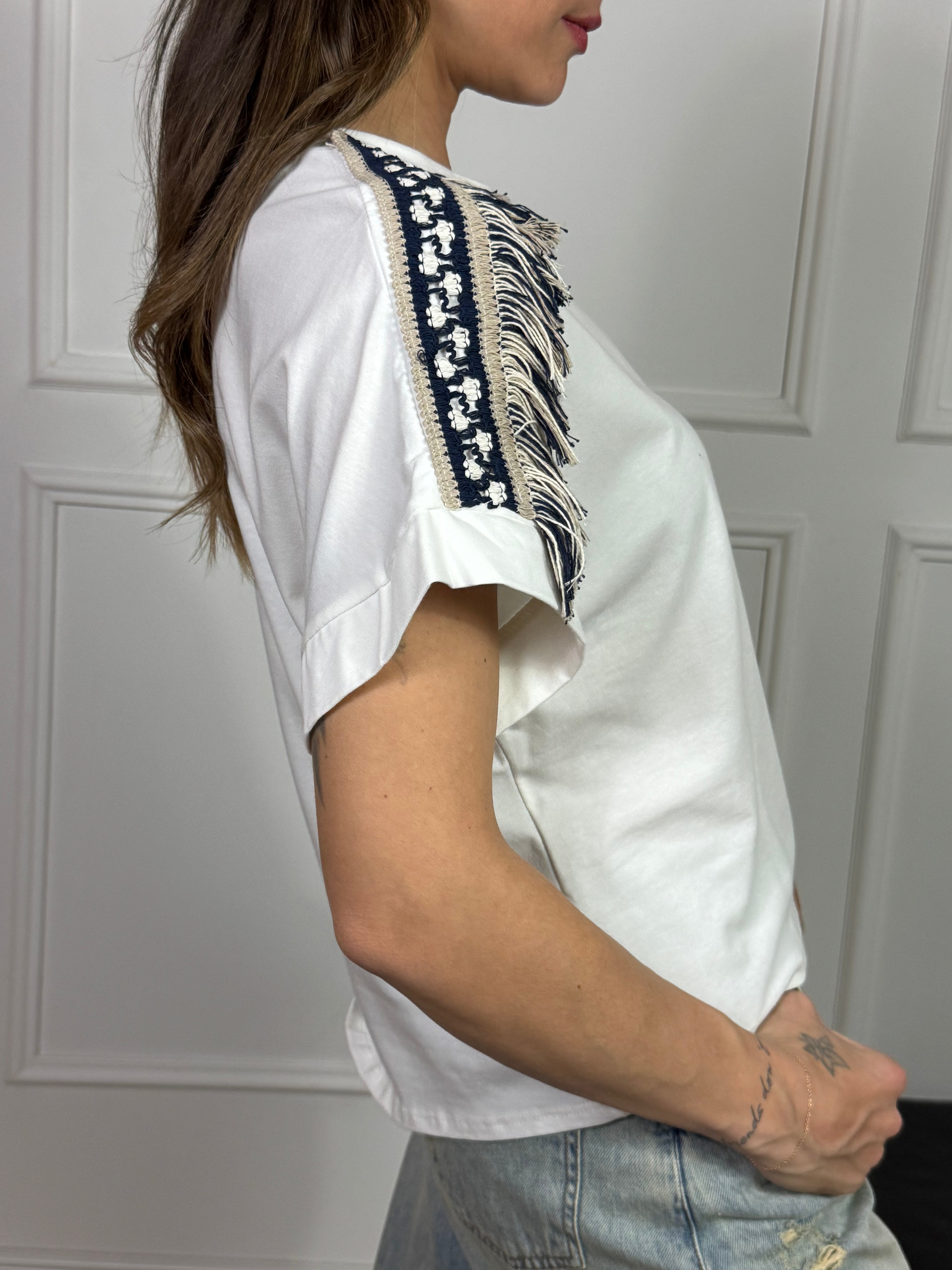 T-shirt manica corta Susy Mix PASSAMANERIA CON FRANGE BEIGE - BLU SU SPALLE