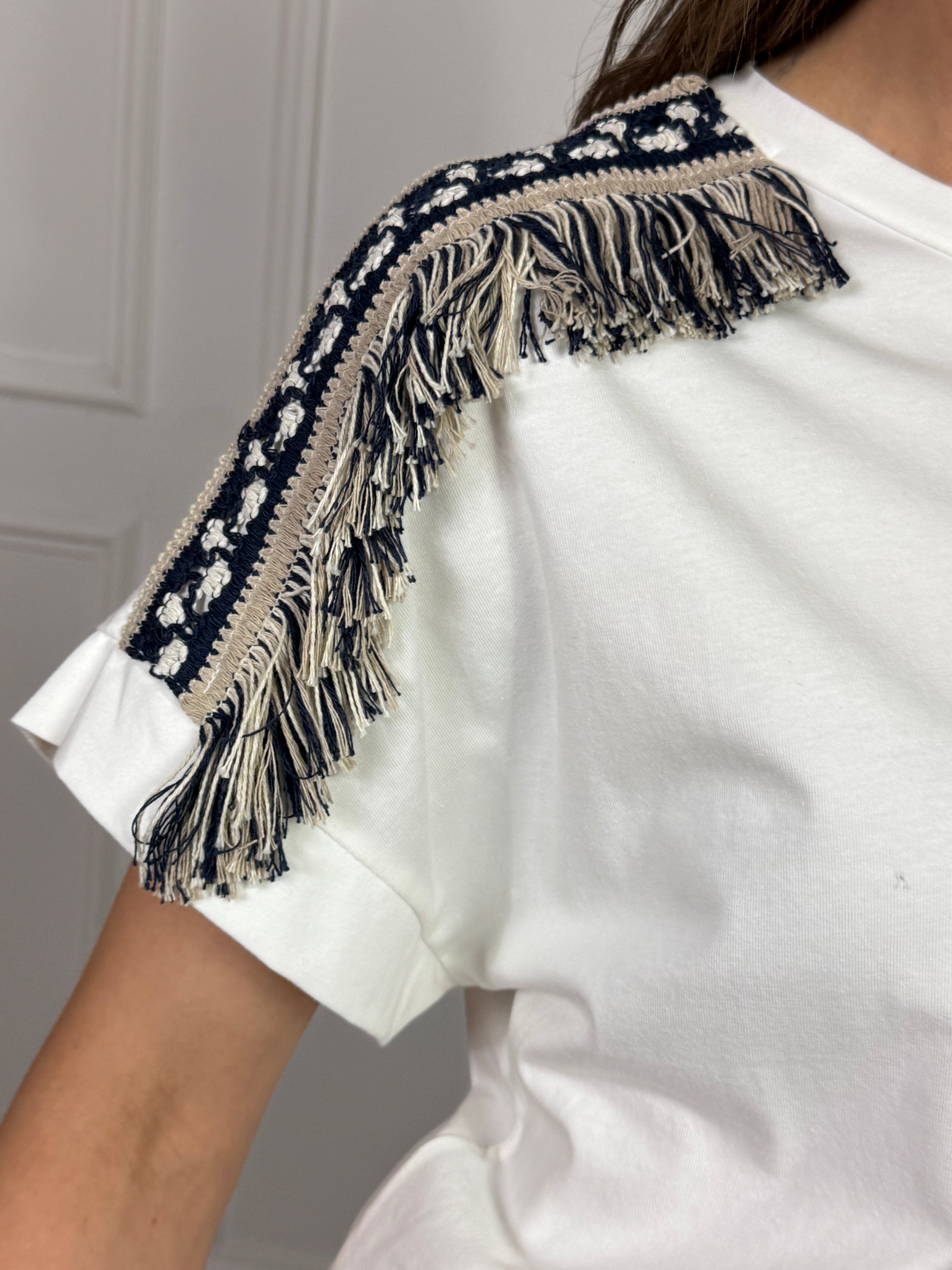 T-shirt manica corta Susy Mix PASSAMANERIA CON FRANGE BEIGE - BLU SU SPALLE