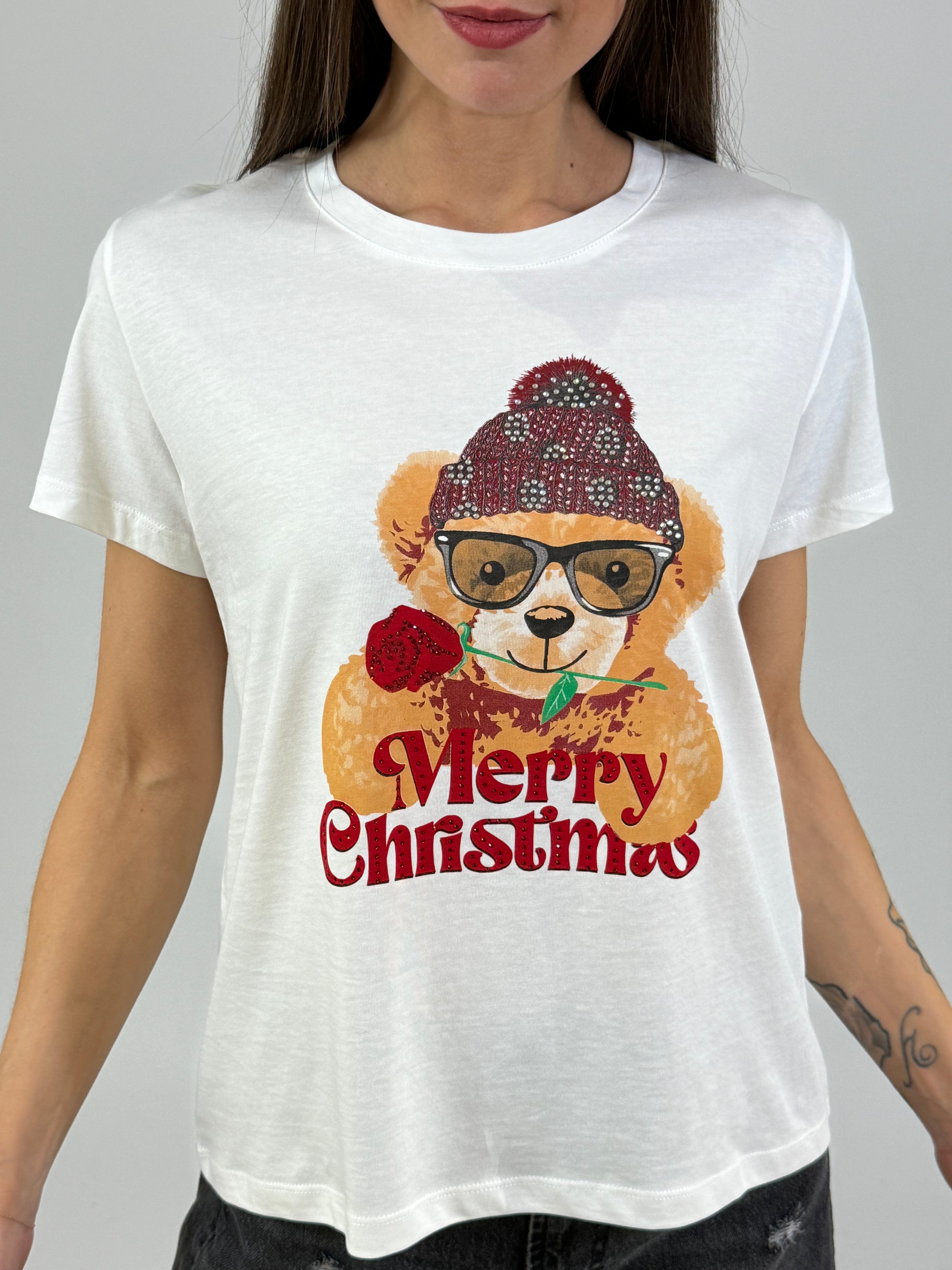 T-shirt con brillantini Susy Mix ORSETTO CON ROSA MERRY CHRISTMAS