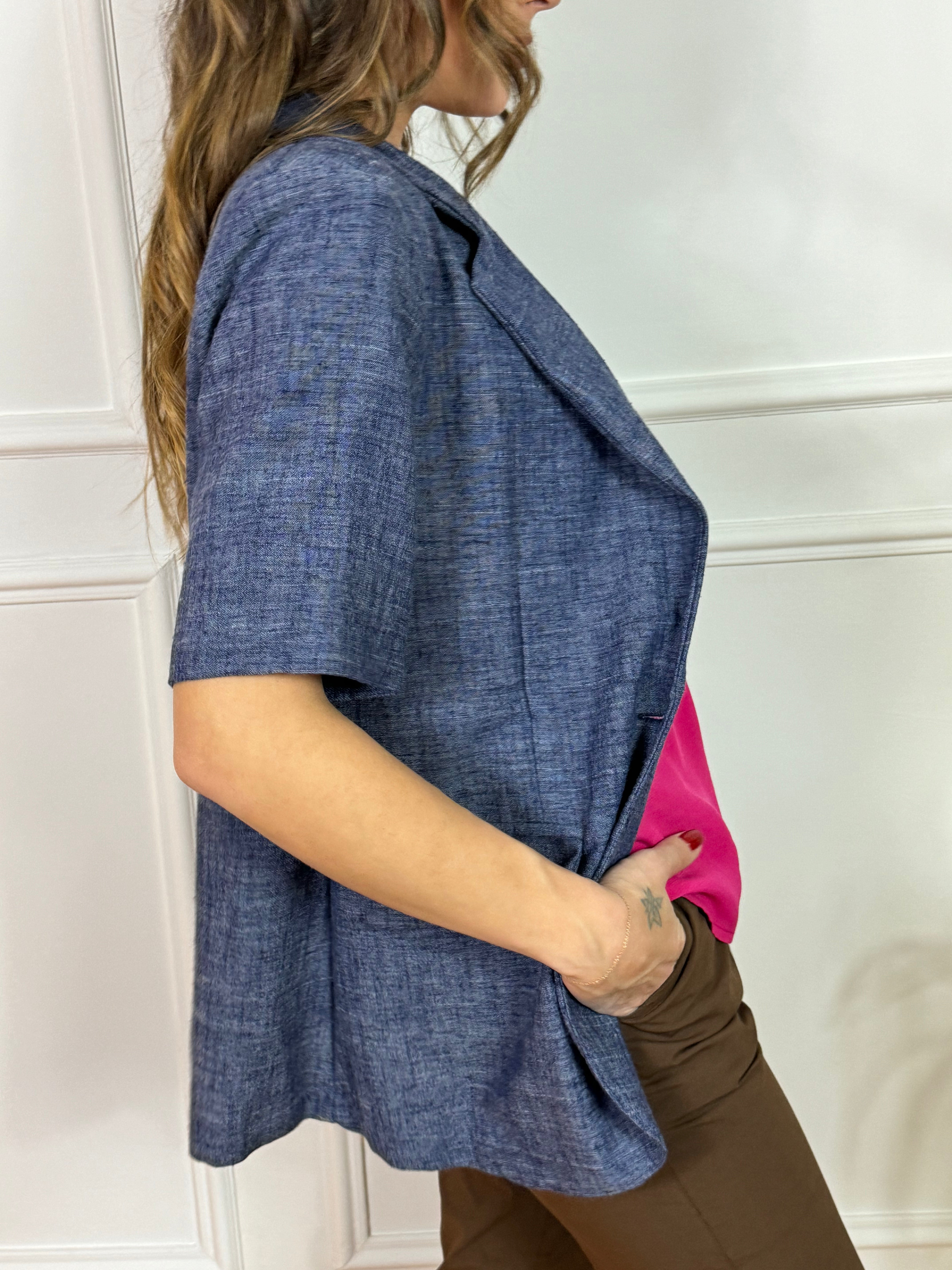 Giacca blazer manica corta Kikisix in tessuto chambray