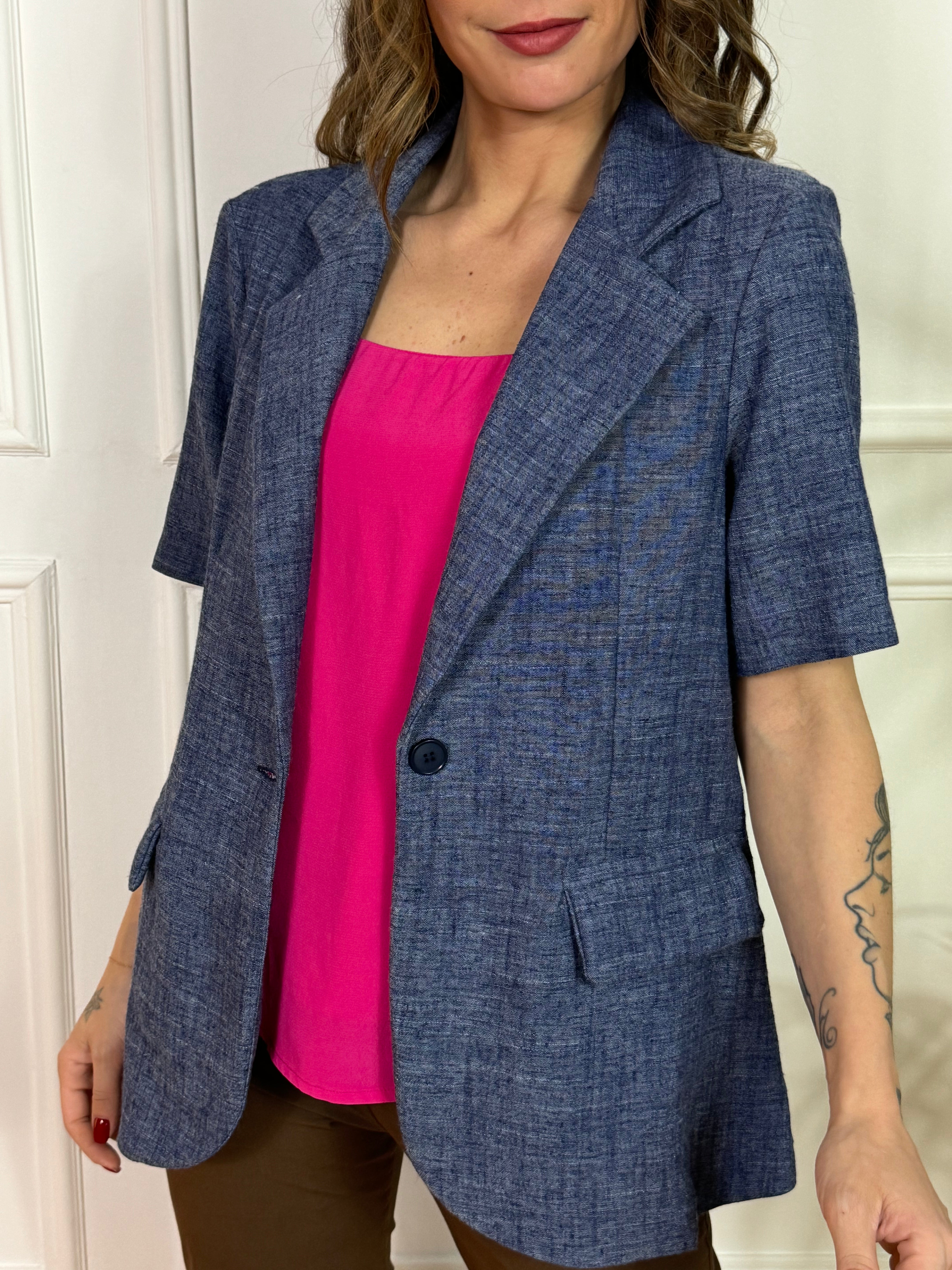 Giacca blazer manica corta Kikisix in tessuto chambray