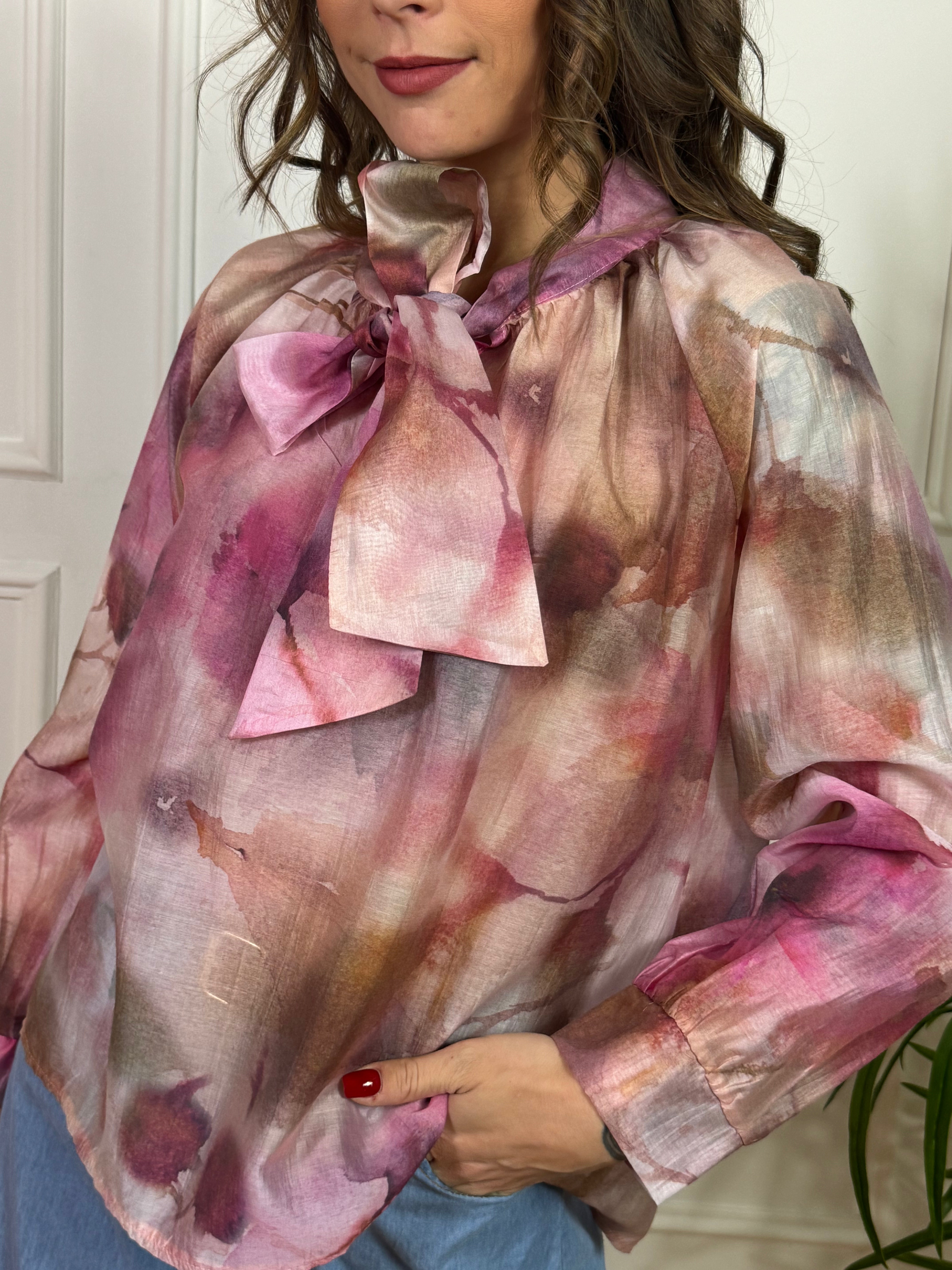 CAMICIA Kikisix con fiocco fantasia rosa magenta