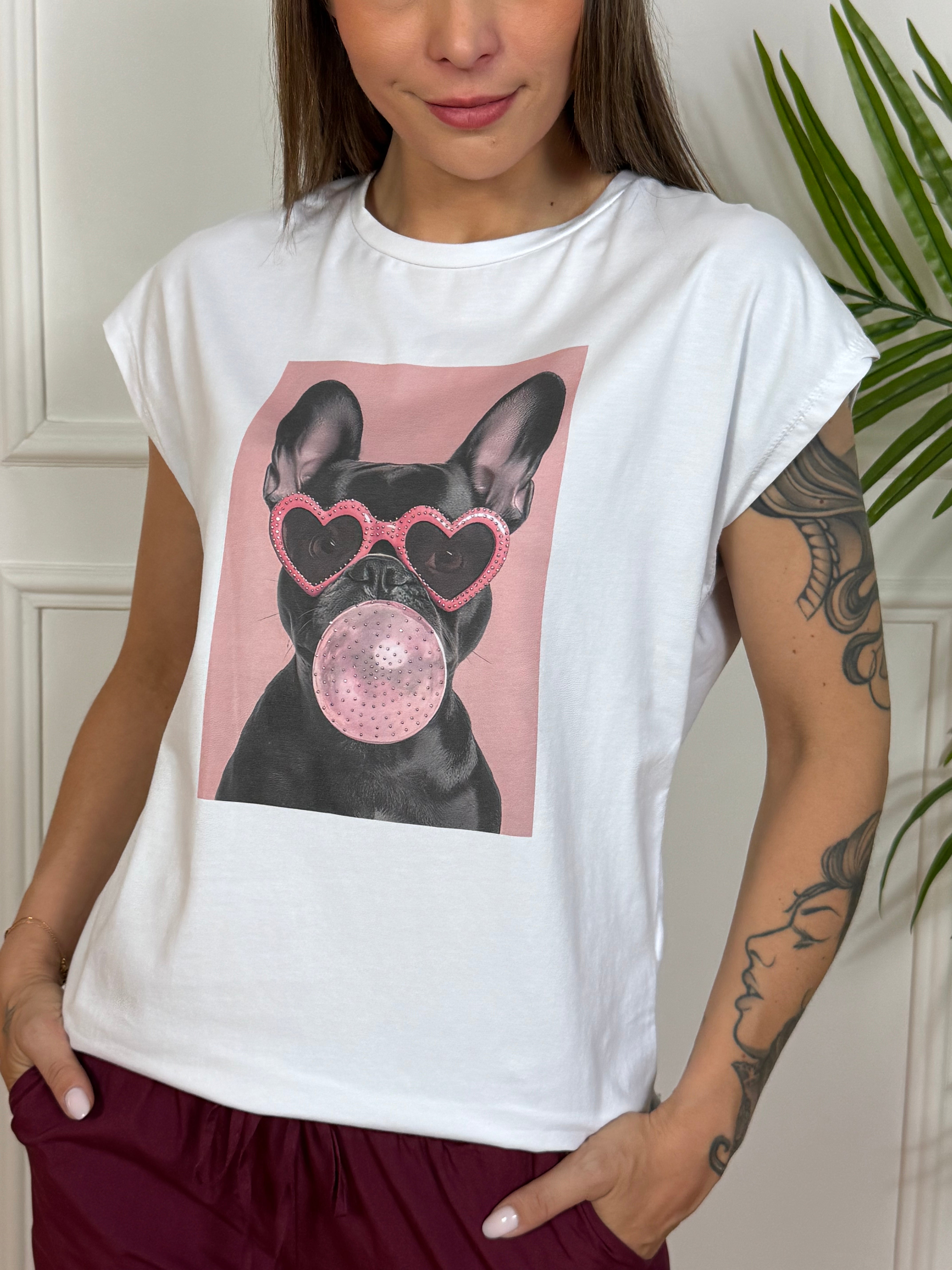 Maglia t-shirt Susy Mix stampa con strass FRENCH BULLDOG CHEWING GUM