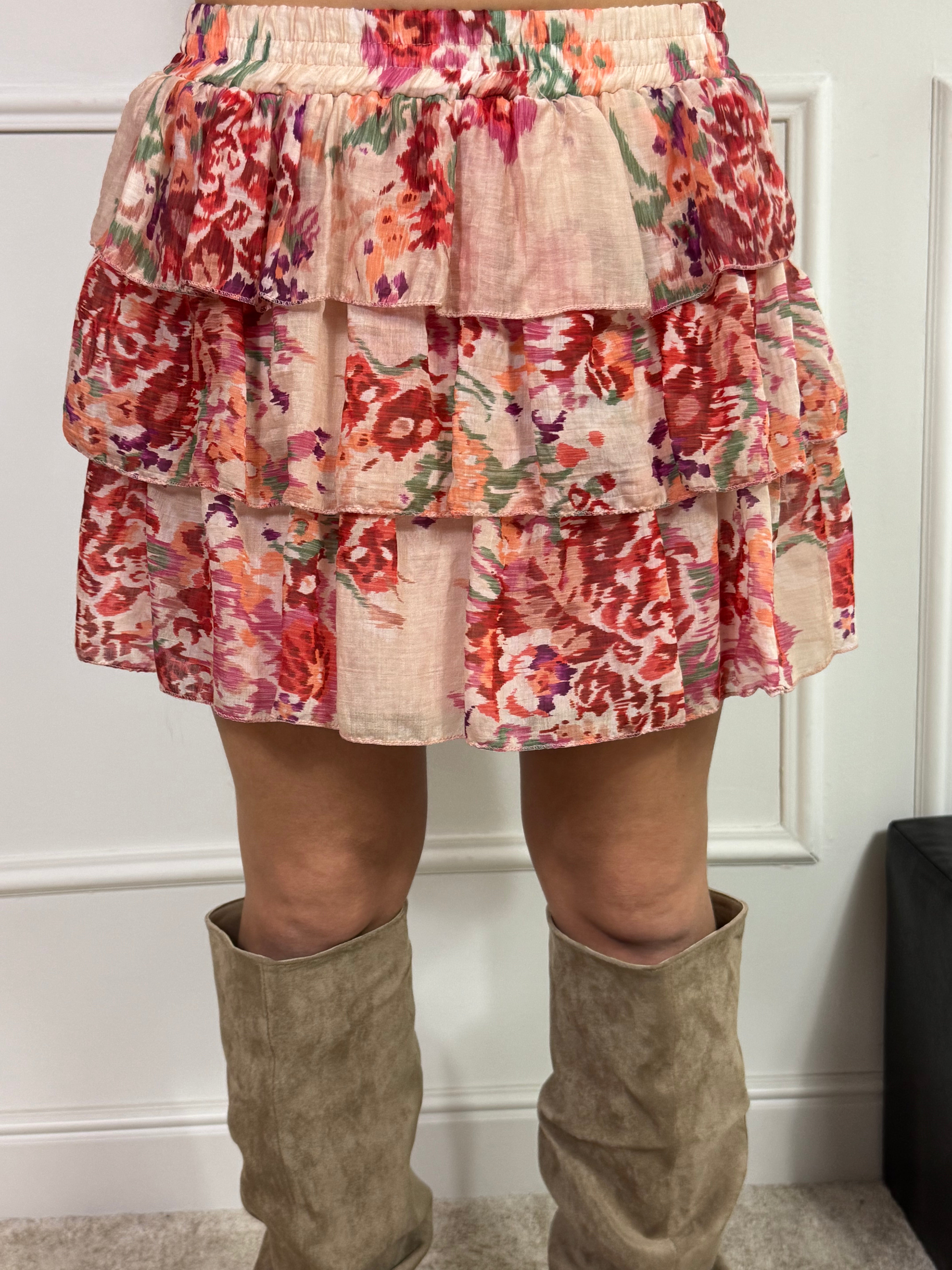 GONNA CORTA con BALZE Susy Mix FANTASIA FIORI ARANCIONE -ROSA