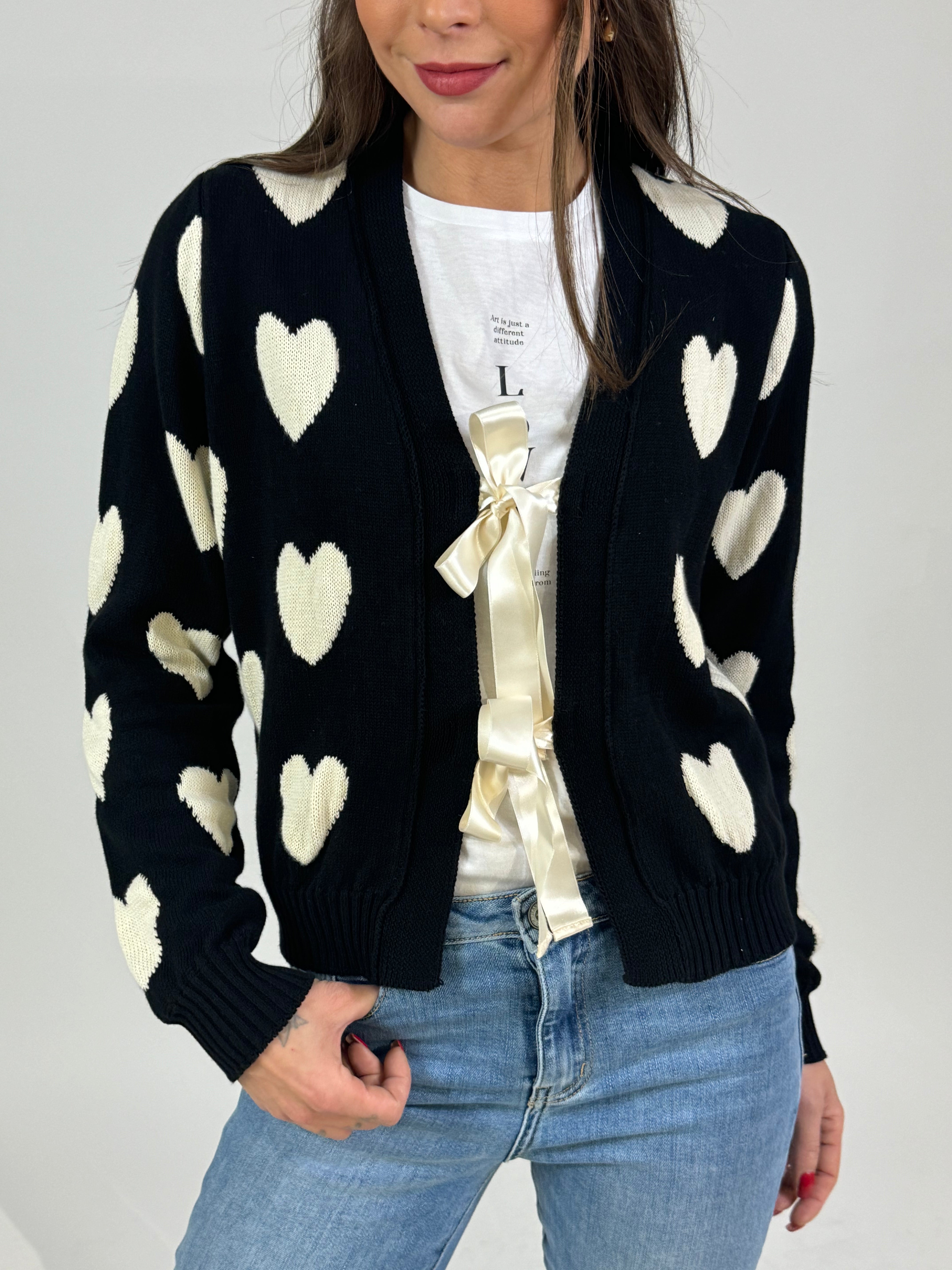 Cardigan Kontatto con cuori e laccetti in raso