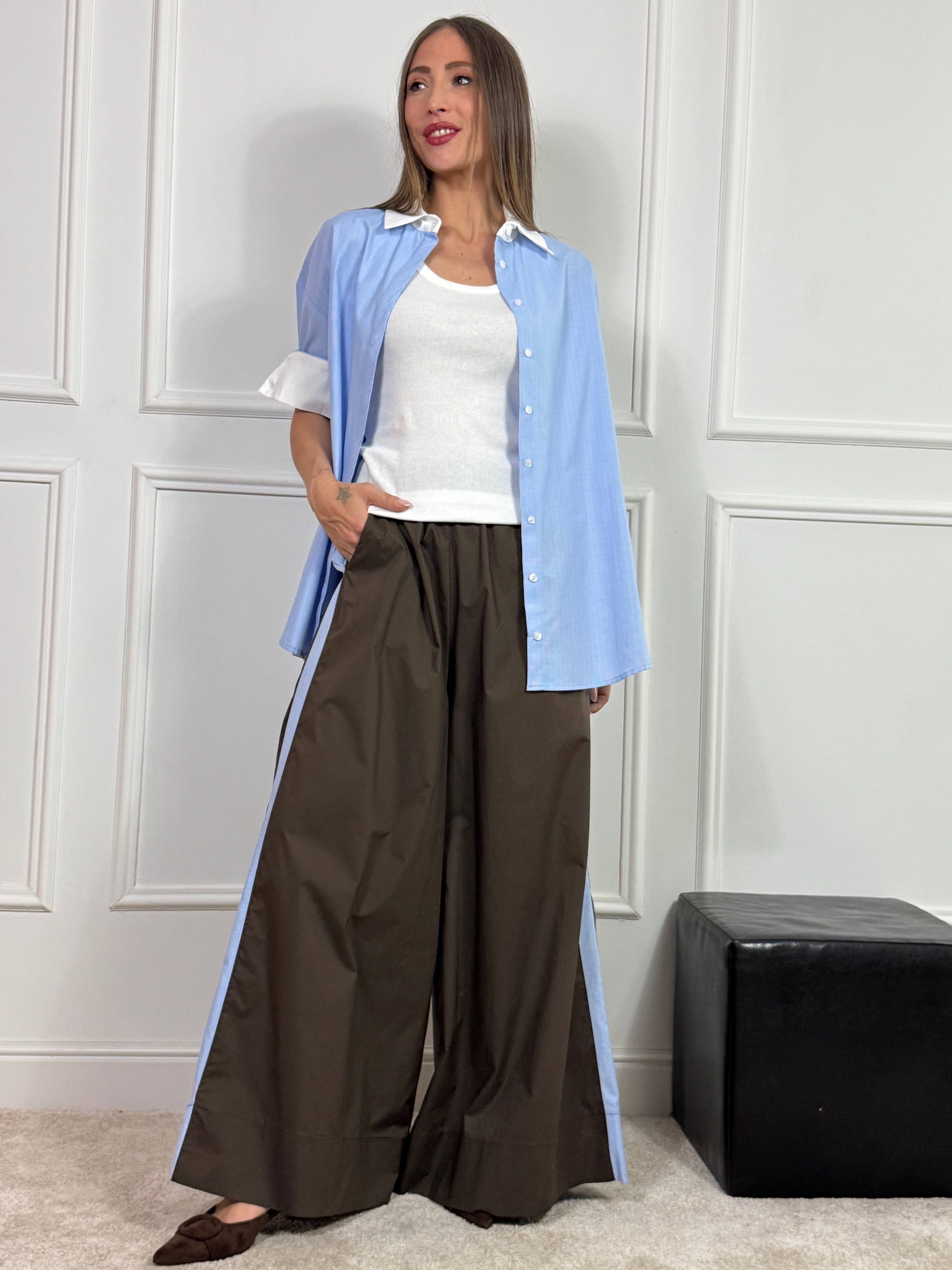 Pantalone PALAZZO Susy Mix BANDE LATERALI QUADRETTATA AZZURRA