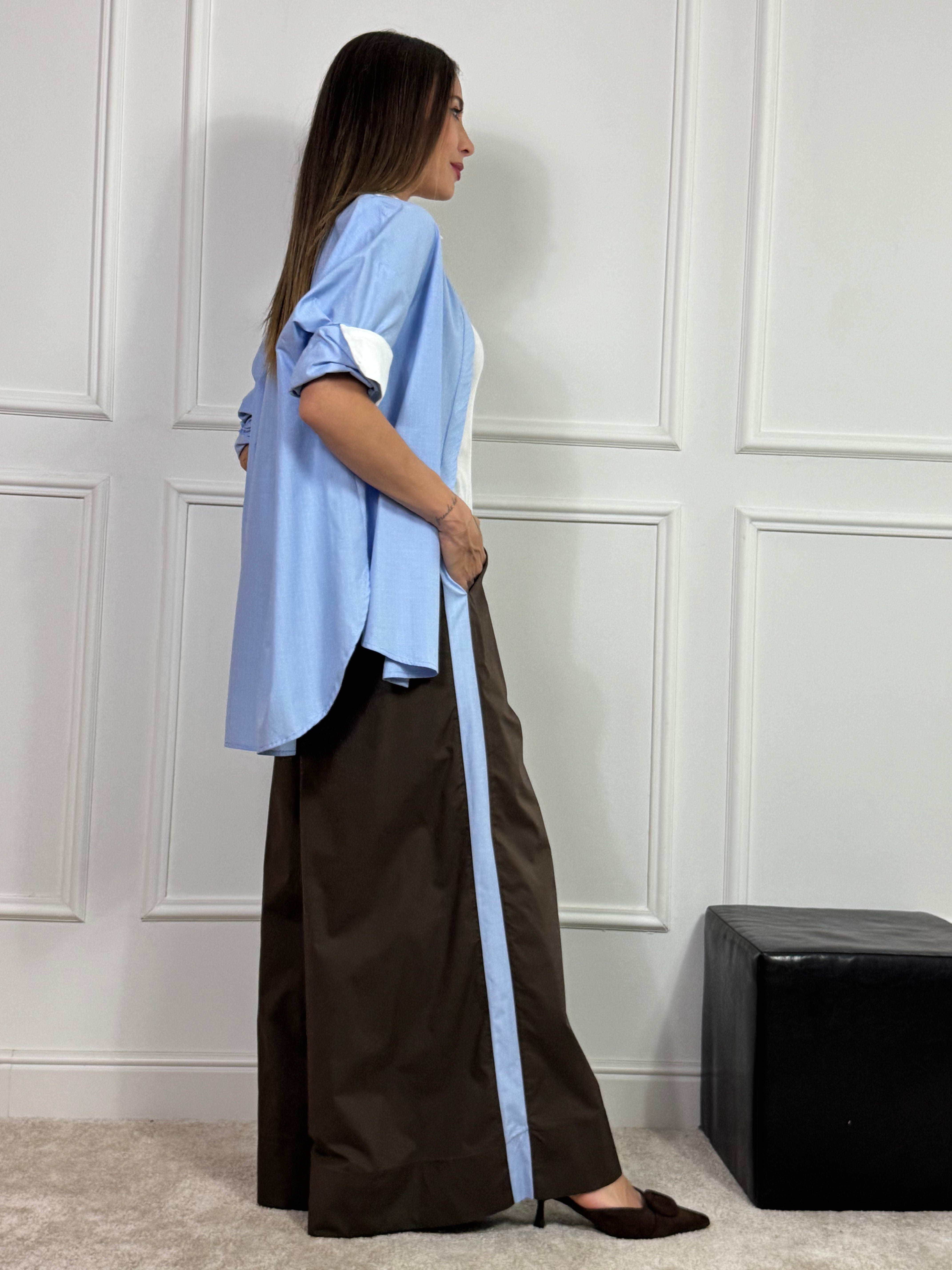Pantalone PALAZZO Susy Mix BANDE LATERALI QUADRETTATA AZZURRA
