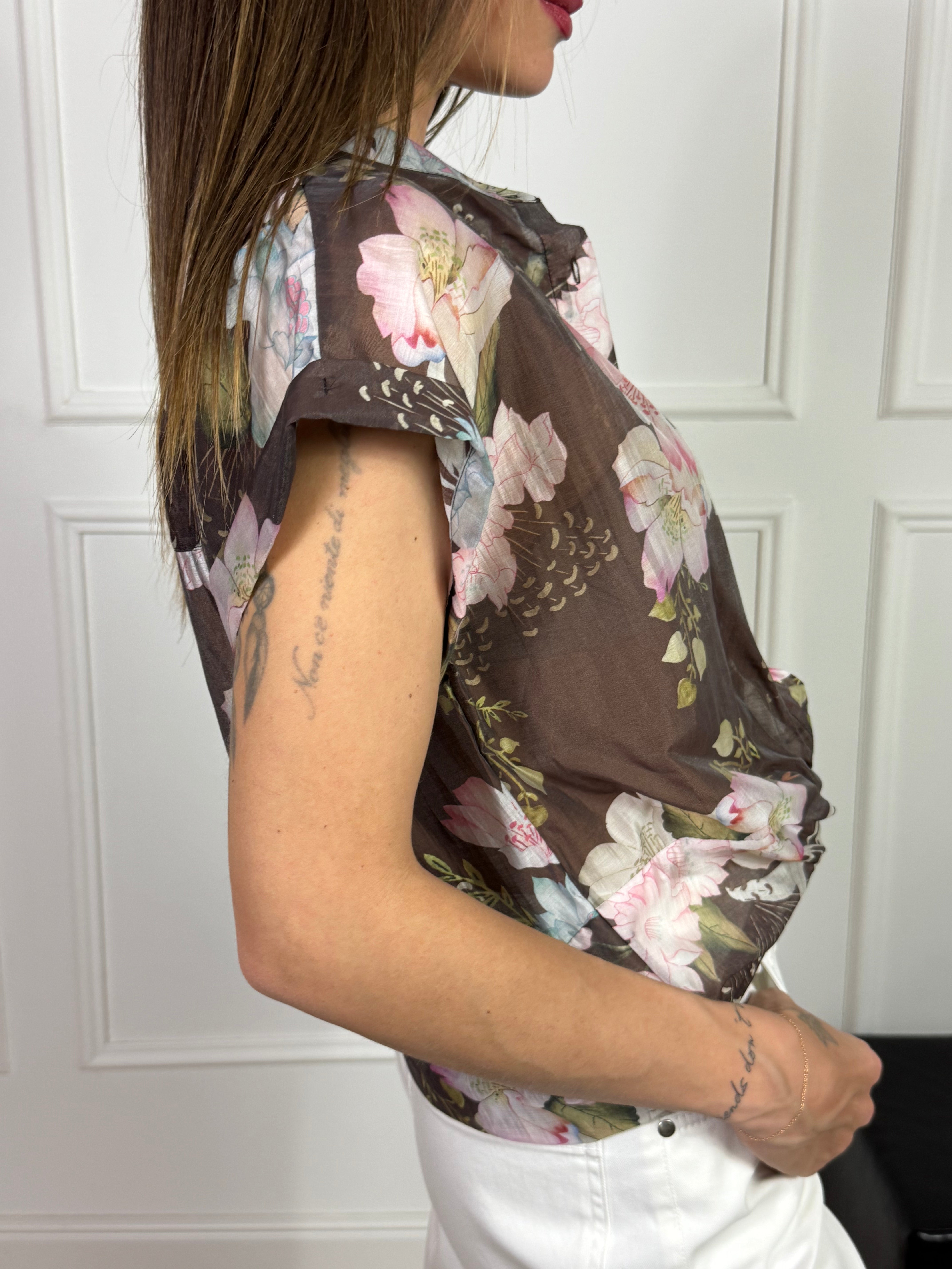 Camicia MANICA CORTA Susy Mix FANTASIA FLOREALE - MARRONE FIORI ROSA