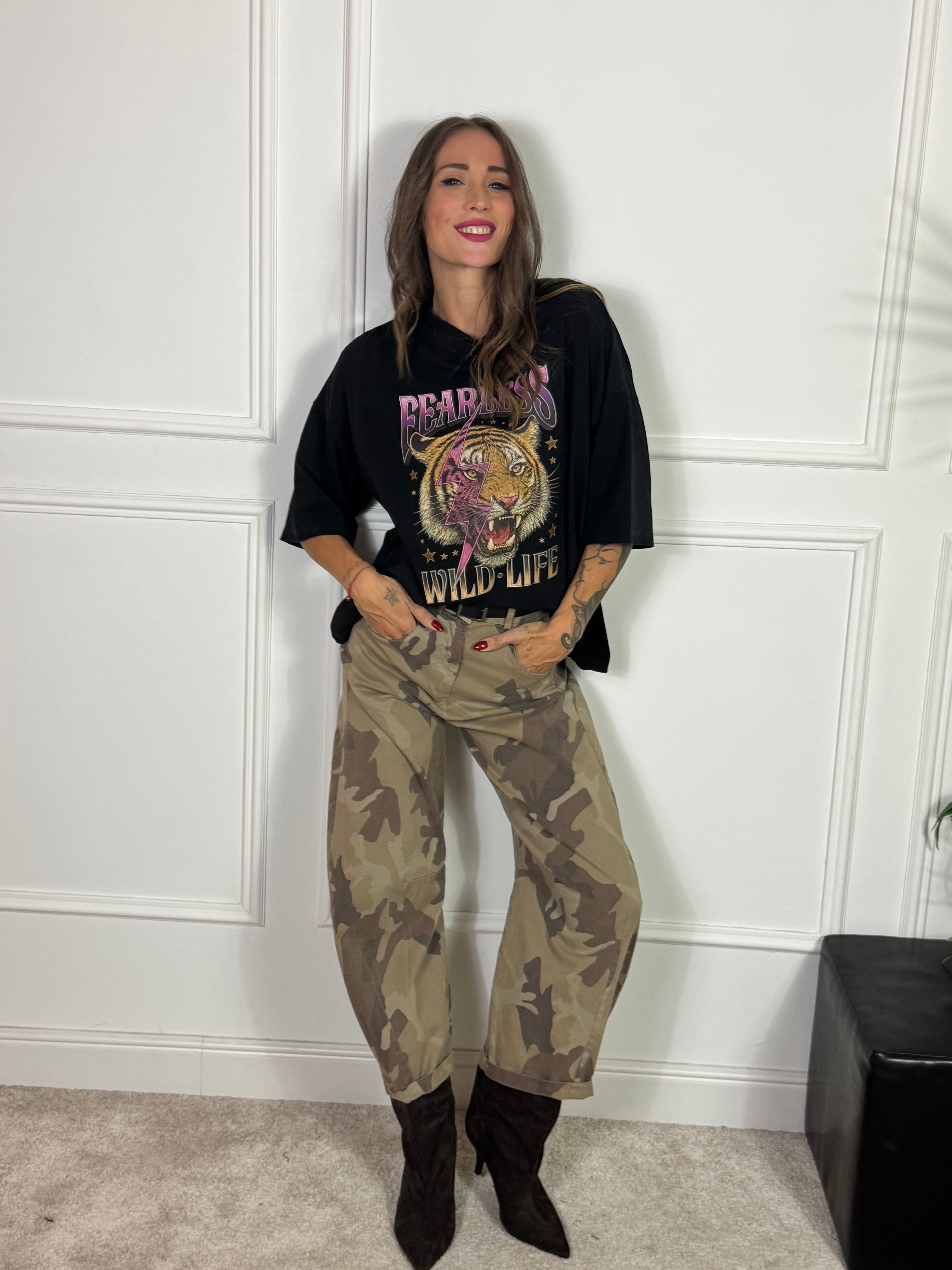Pantalone tela cotone OVETTO Susy Mix fantasia MIMETICA