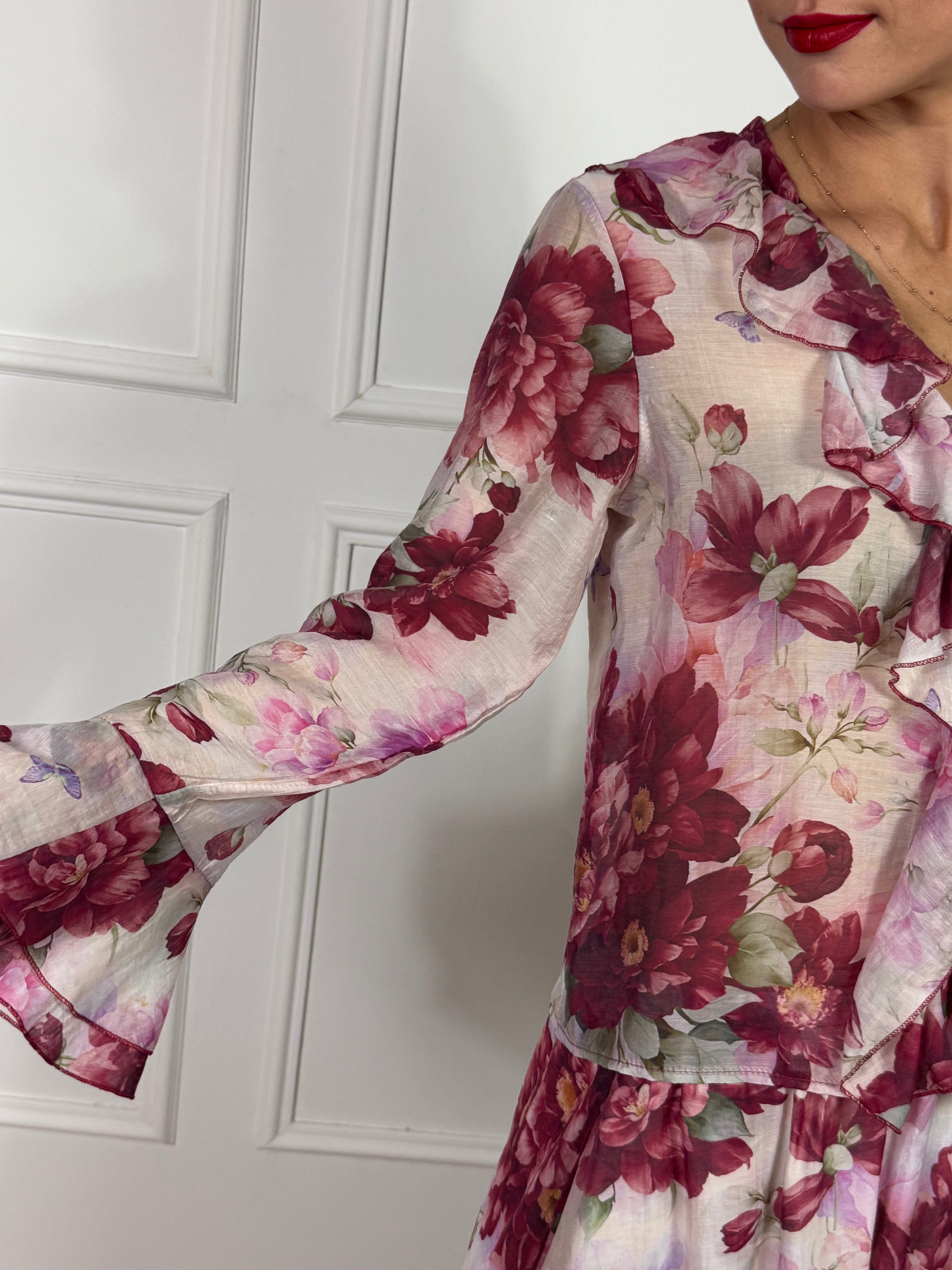 CAMICIA BLUSA Kikisix con volant fantasia fiori bordeaux