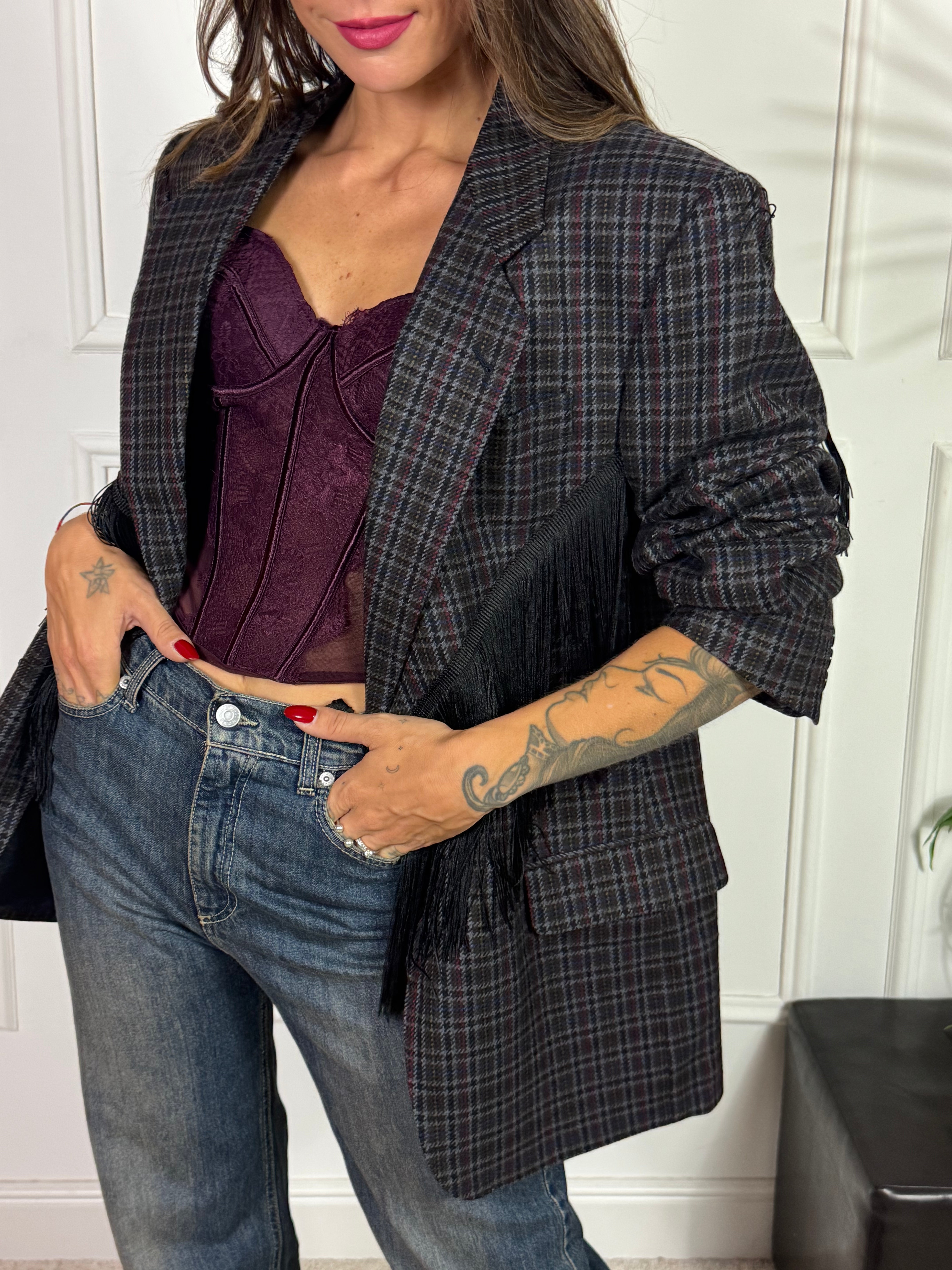 GIACCA VINTAGE OVERSIZE Susy Mix SCOZZESE FRANGE NERE