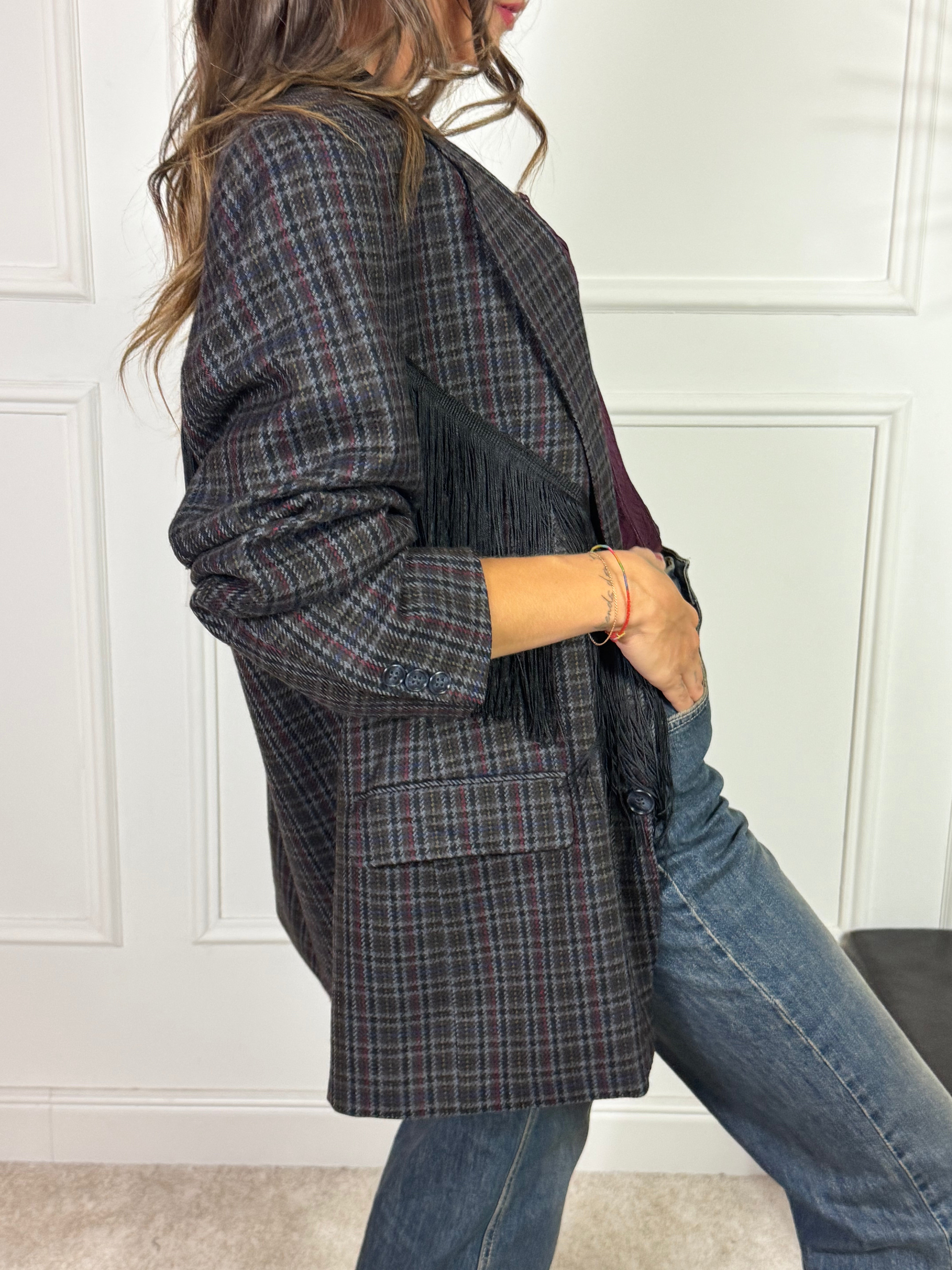 GIACCA VINTAGE OVERSIZE Susy Mix SCOZZESE FRANGE NERE