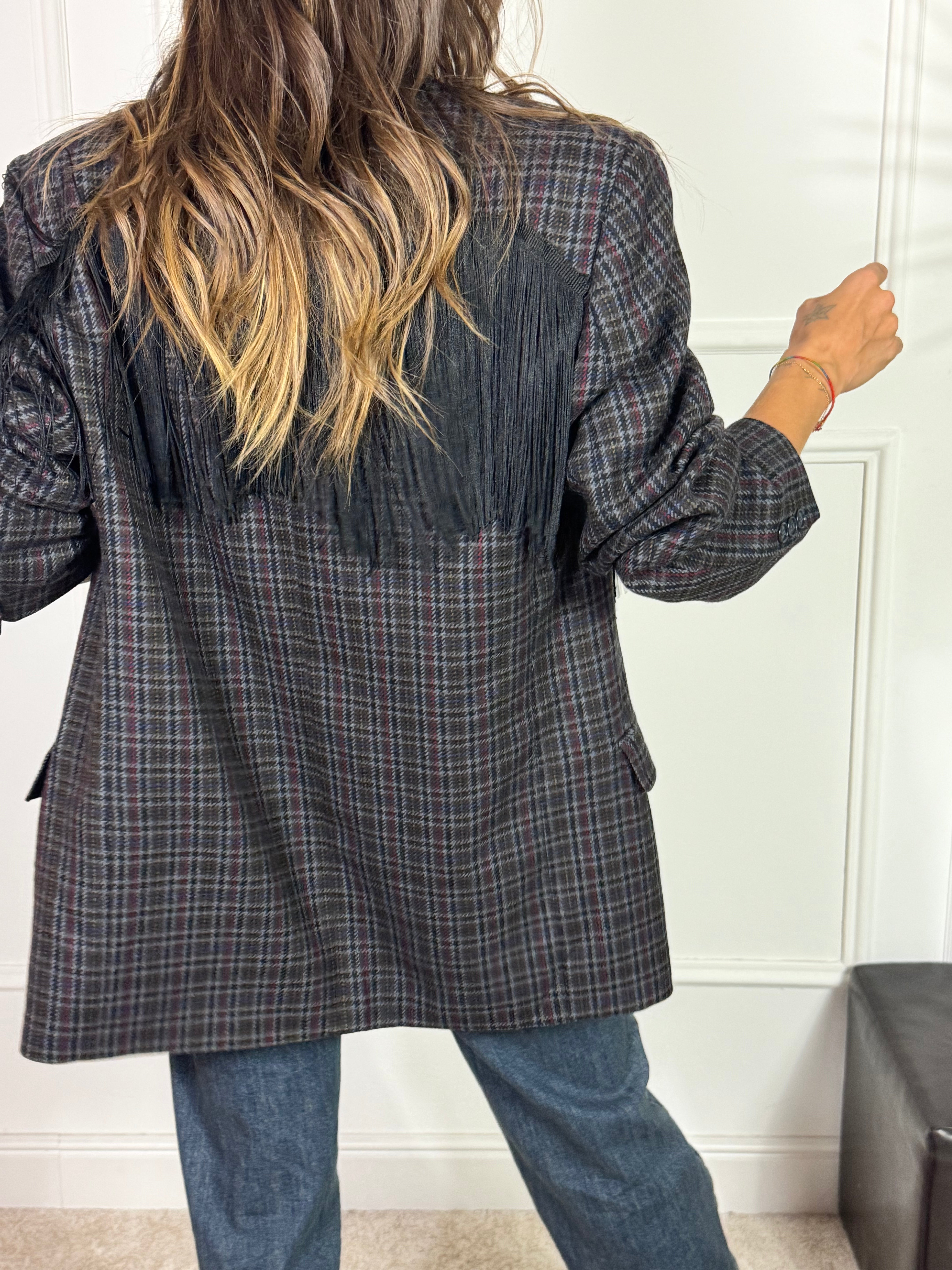 GIACCA VINTAGE OVERSIZE Susy Mix SCOZZESE FRANGE NERE