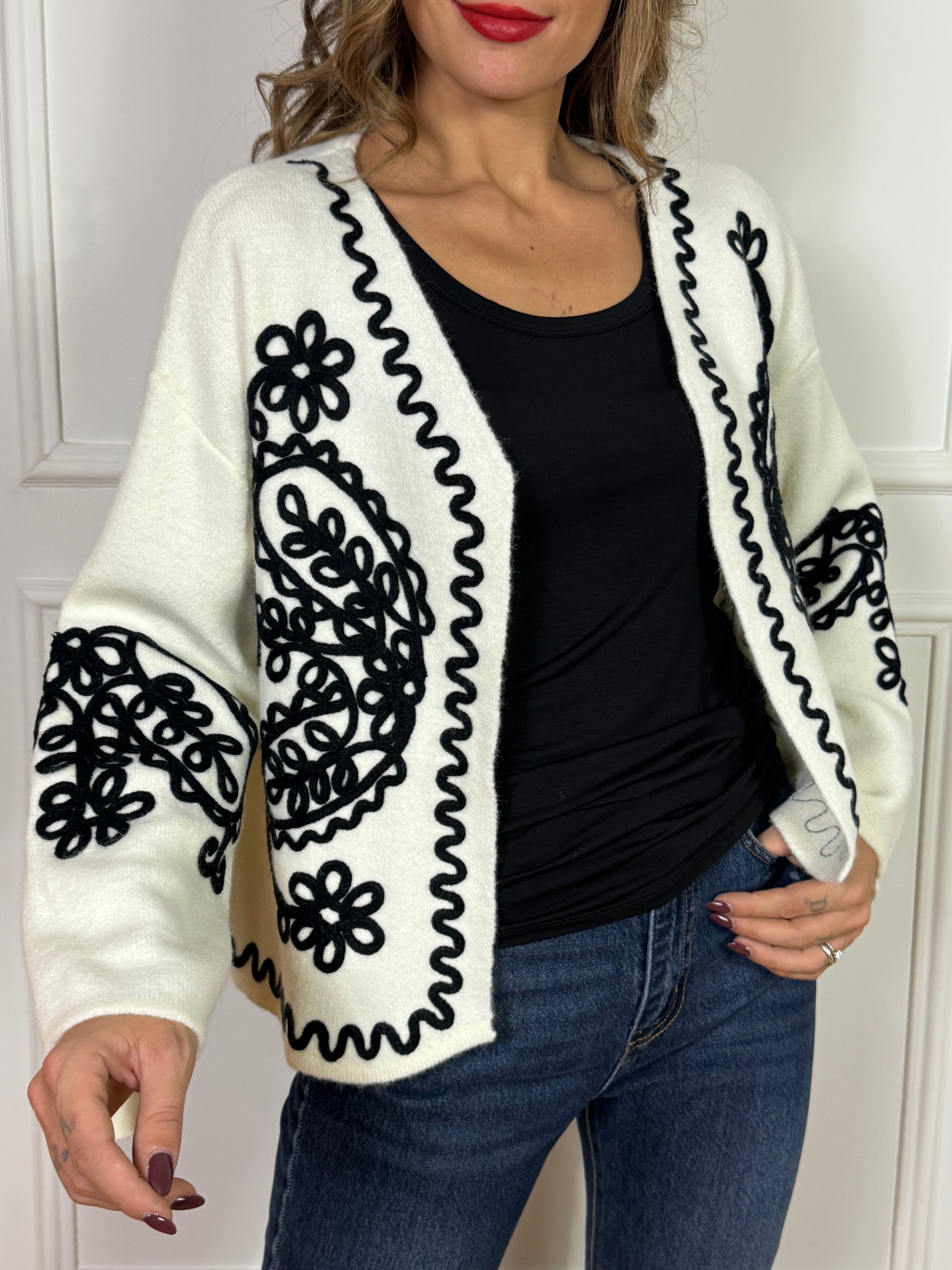CARDIGAN APERTO Philia Loft con ricami a contrasto in rilievo