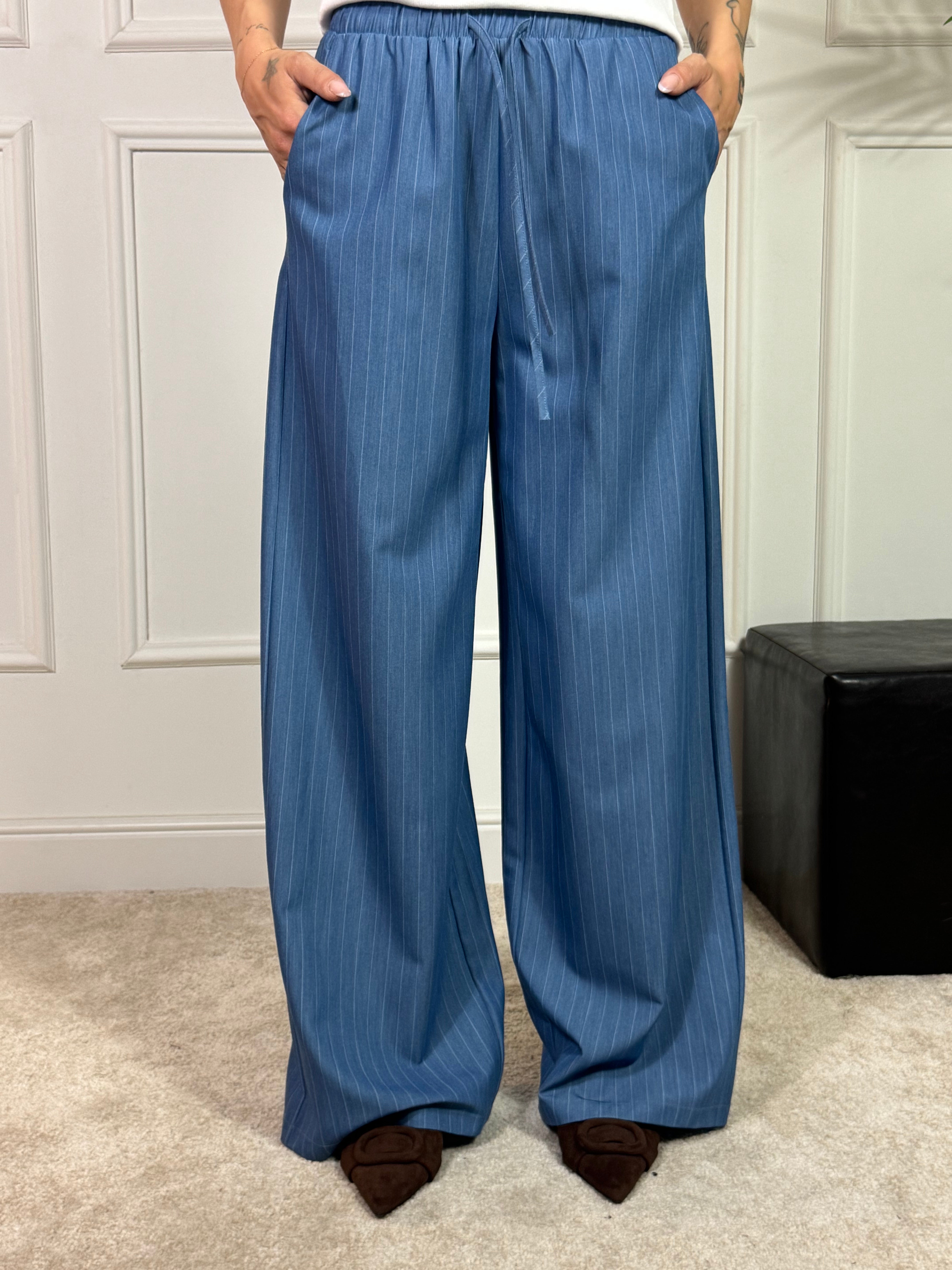 Pantalone a PALAZZO con coulisse You Decide GESSATO AZZURRO