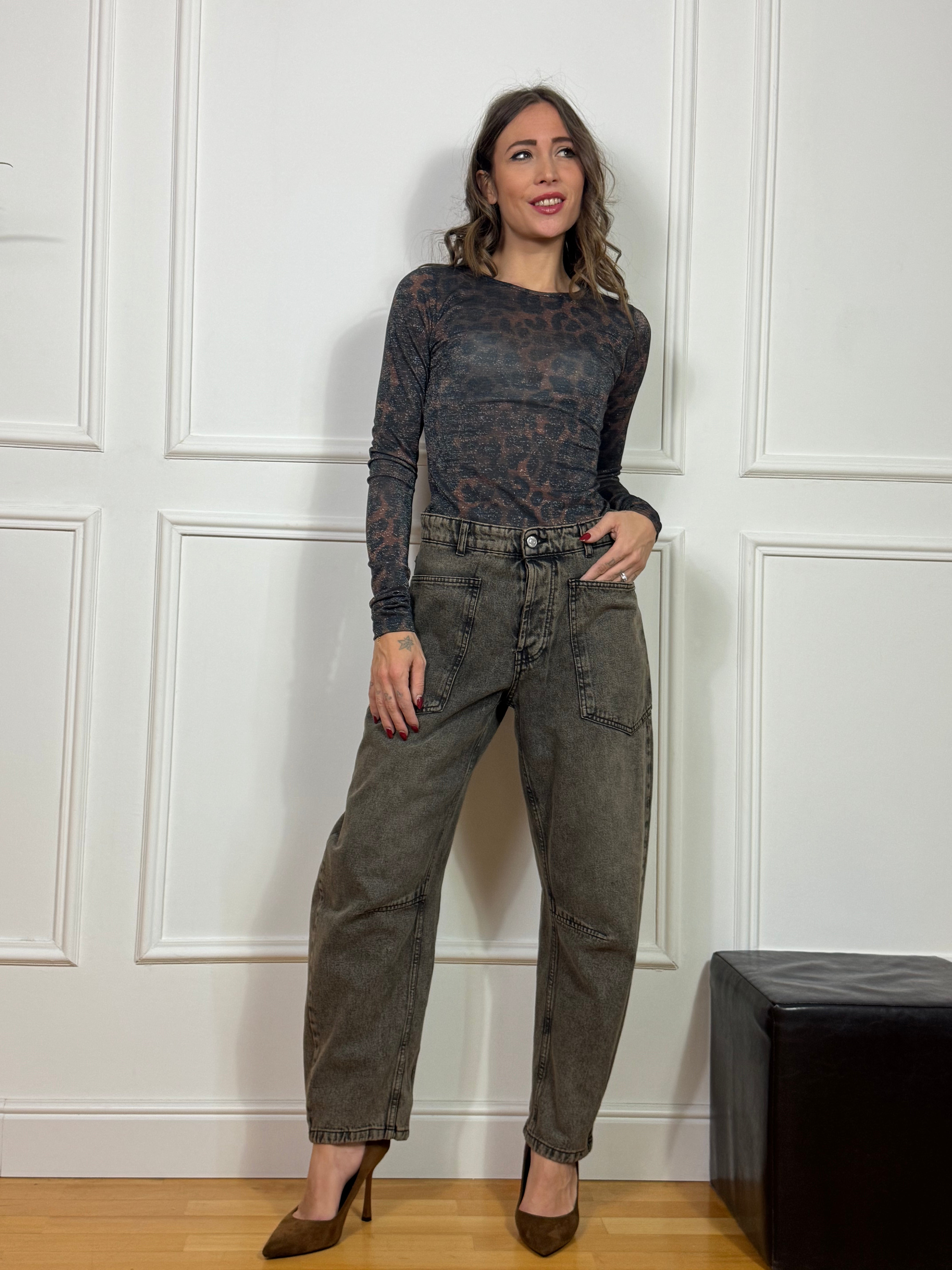 Jeans Kontatto BALOON CON TASCONI DAVANTI modello AGATA - lavaggio VINTAGE GRIGIO SABBIATO