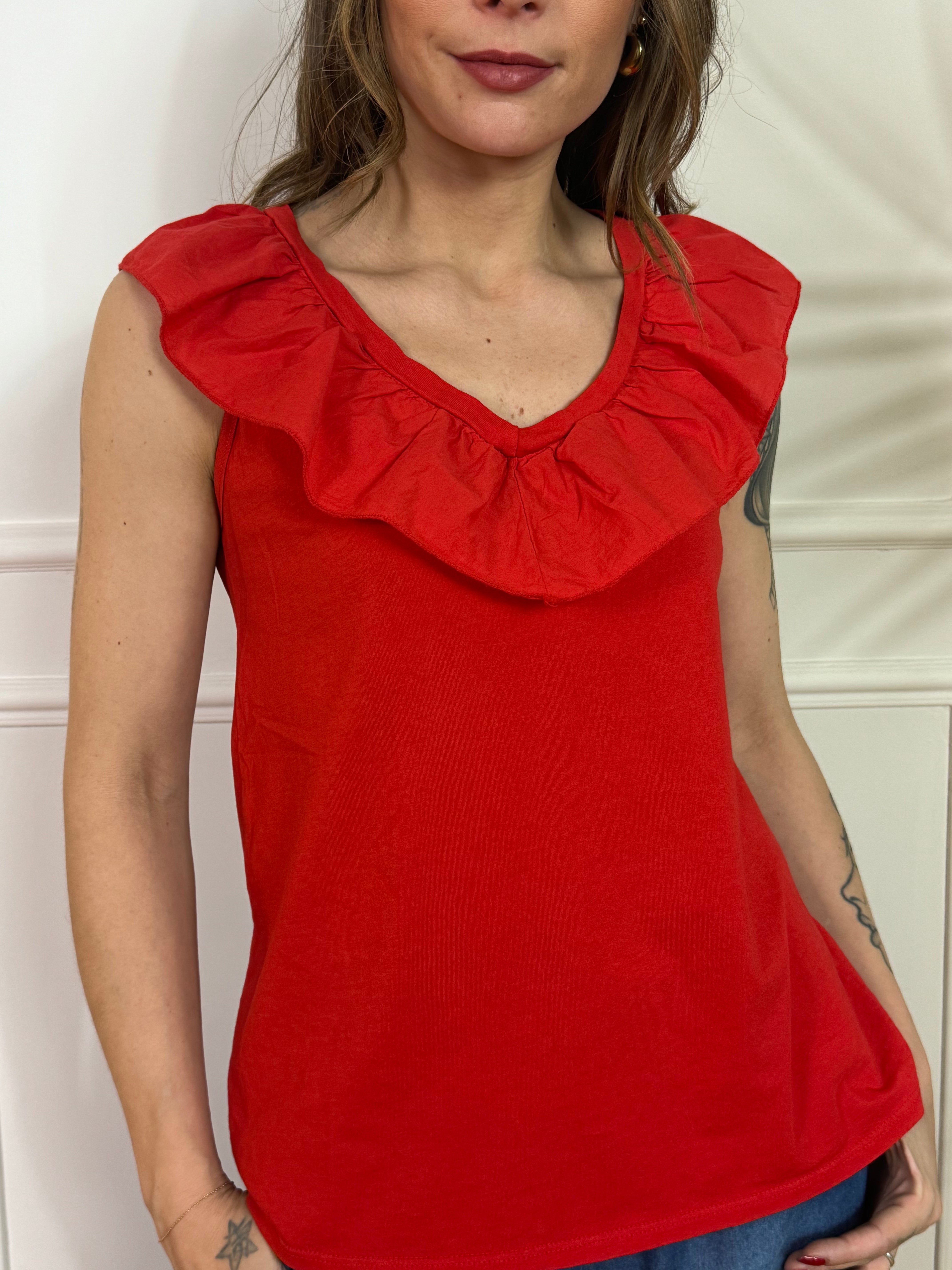 Maglia smanicata in cotone Susy Mix scollo V CON VOLANT