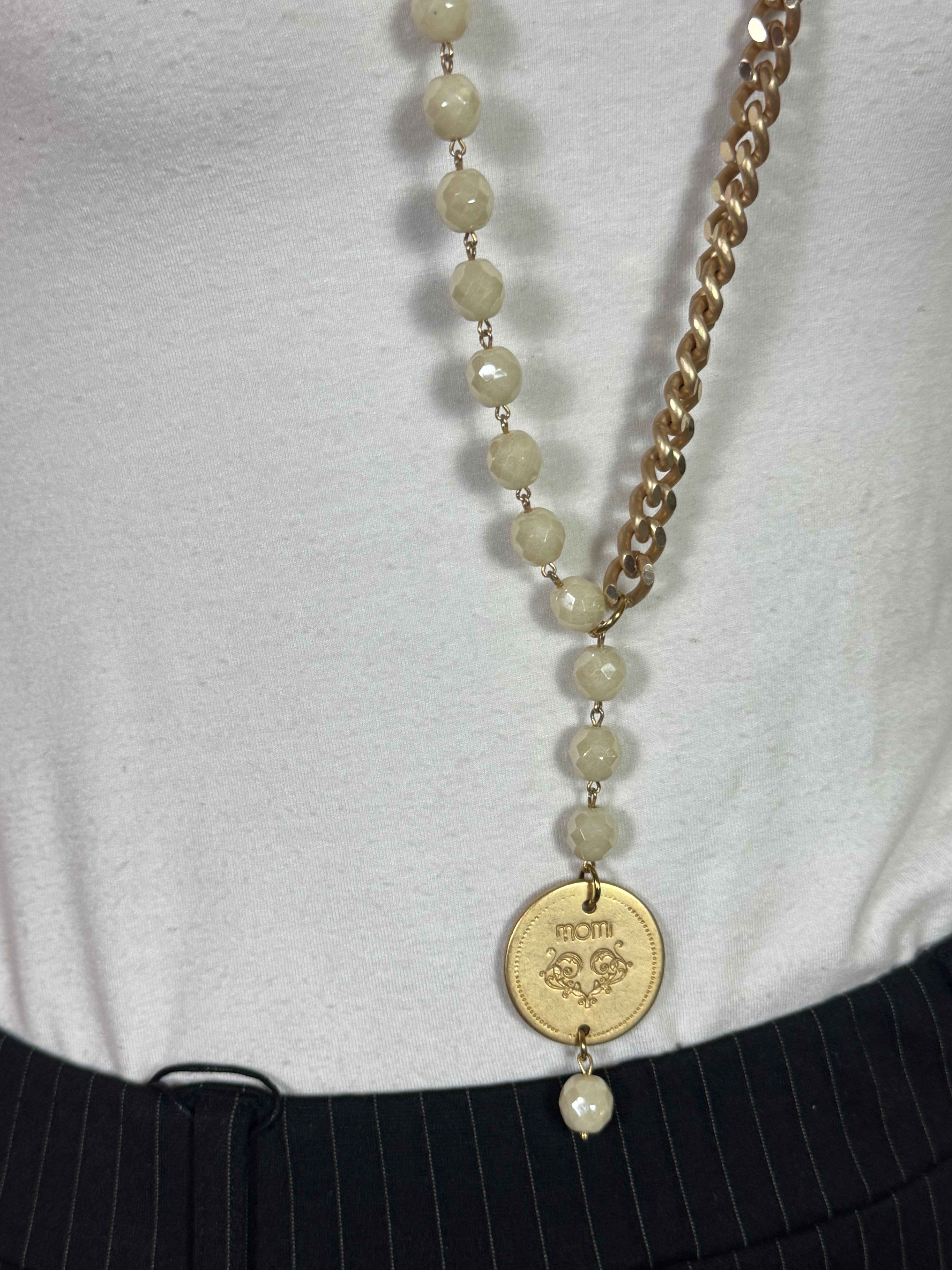Collana Momi FRANCESCA LUNGA -ORO - MEDAGLIA - PANNA