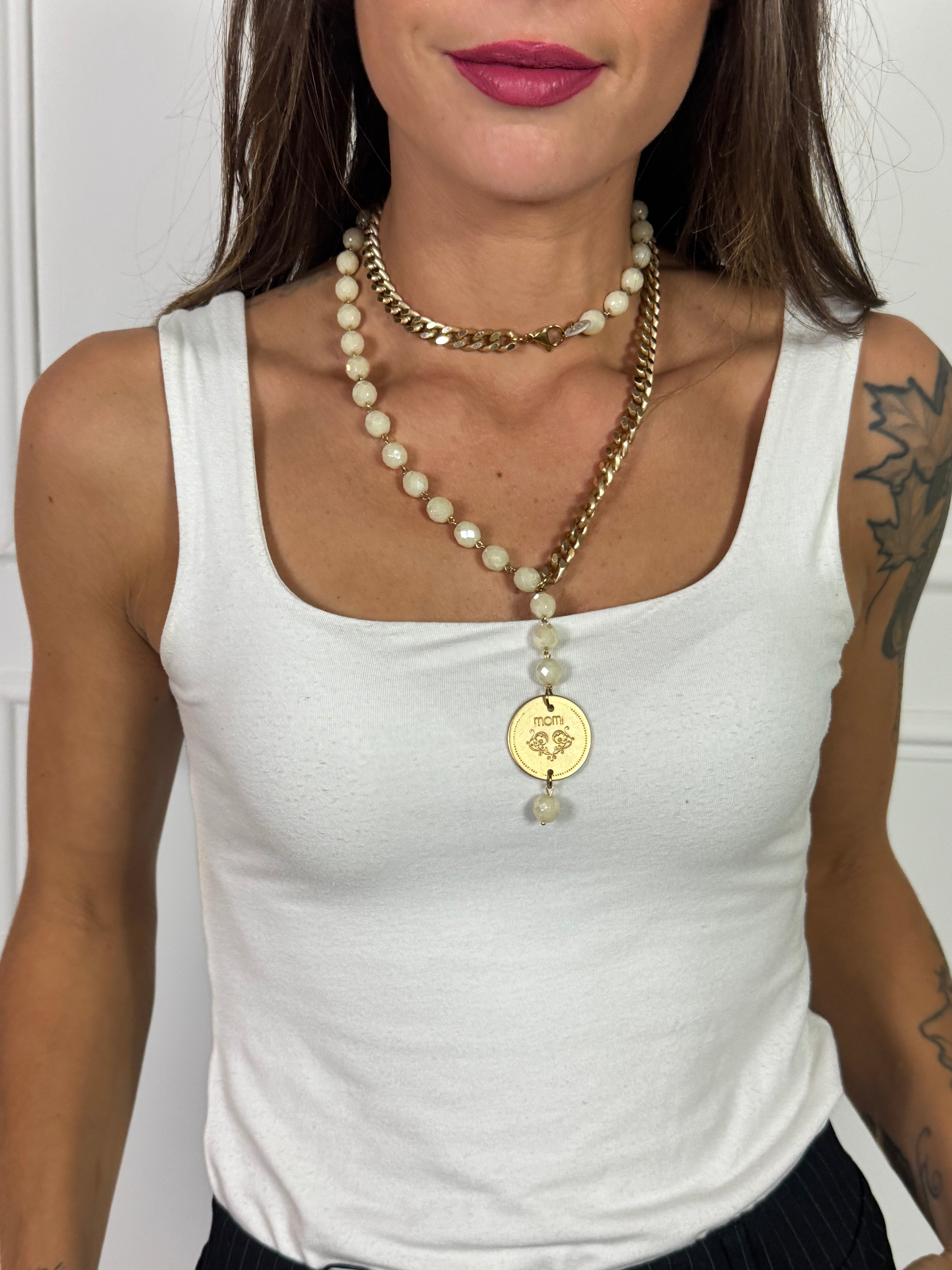 Collana Momi FRANCESCA LUNGA -ORO - MEDAGLIA - PANNA