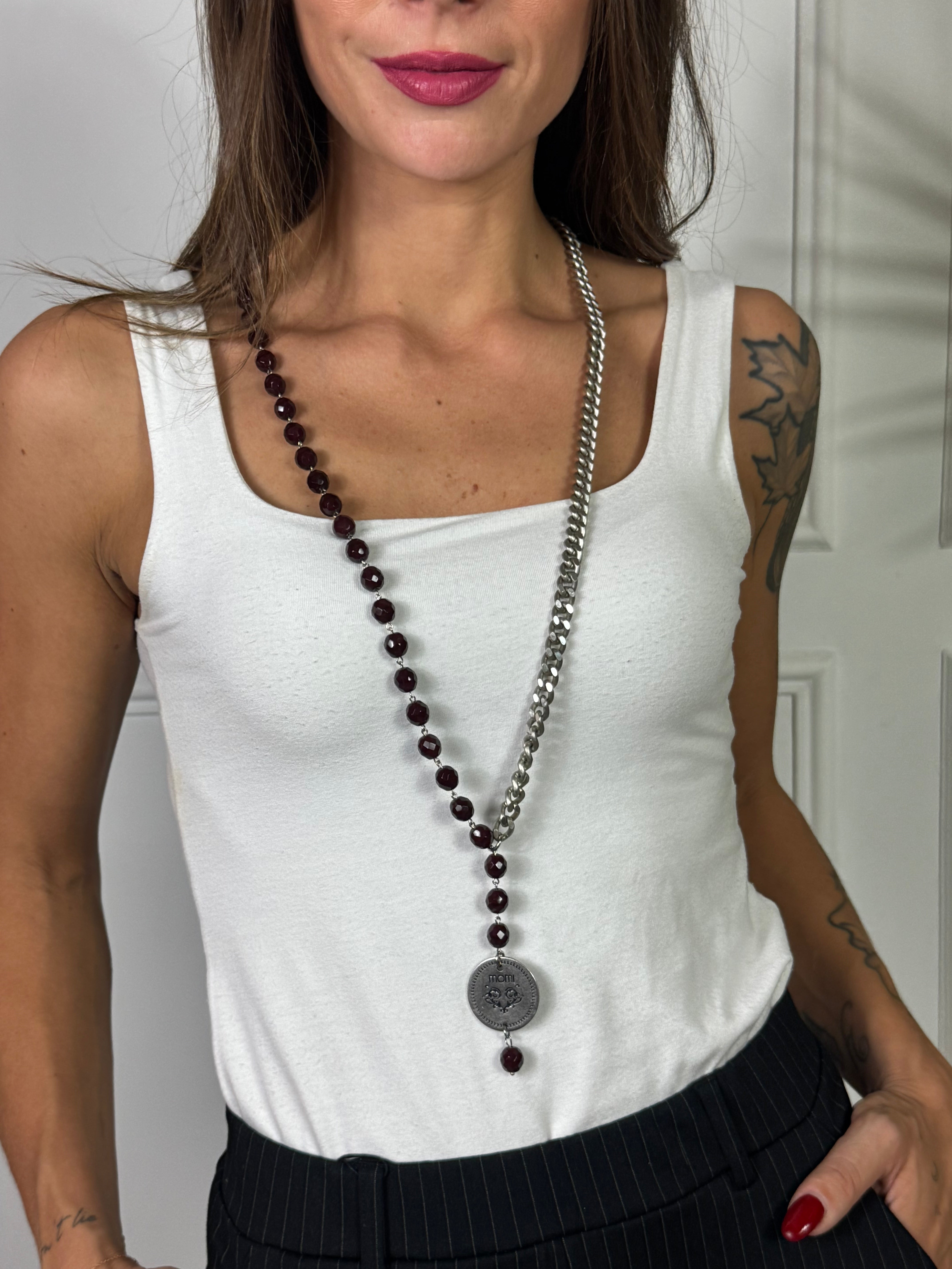 Collana Momi FRANCESCA LUNGA -ARGENTO - MEDAGLIA - BORDEAUX