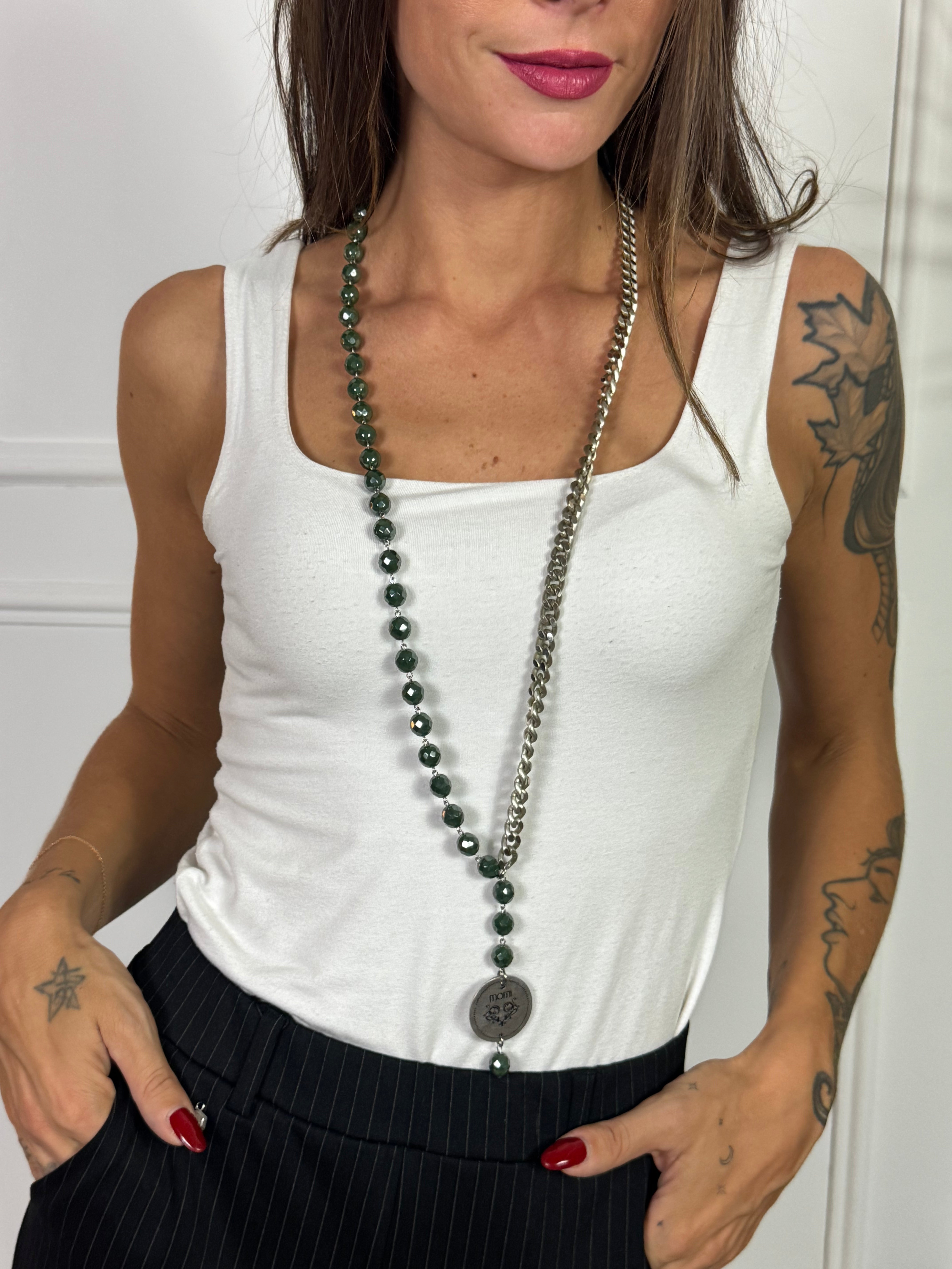 Collana Momi FRANCESCA LUNGA -ARGENTO - MEDAGLIA - VERDE