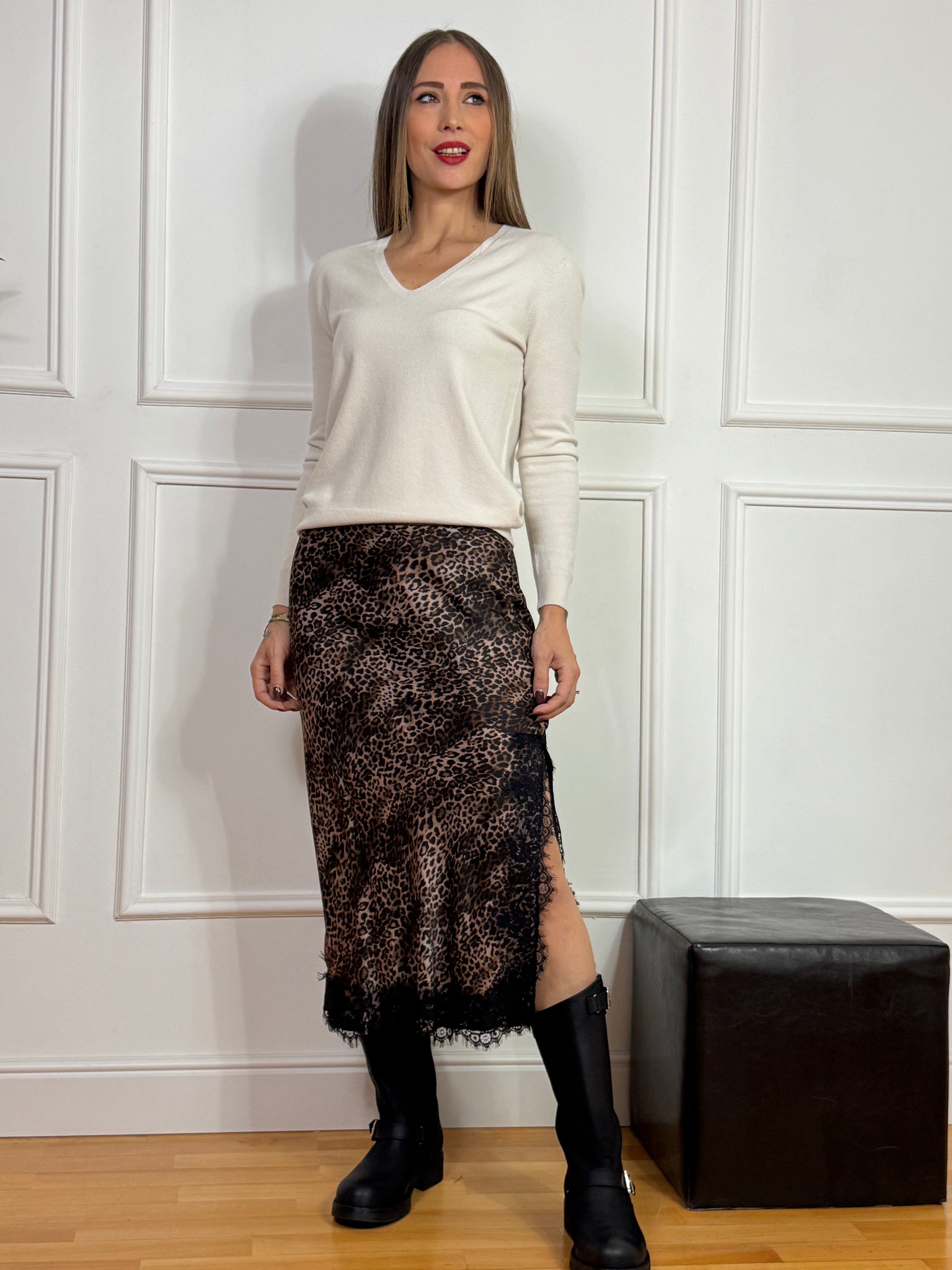 GONNA longuette in raso Kikisix LEOPARDATA con dettagli in pizzo