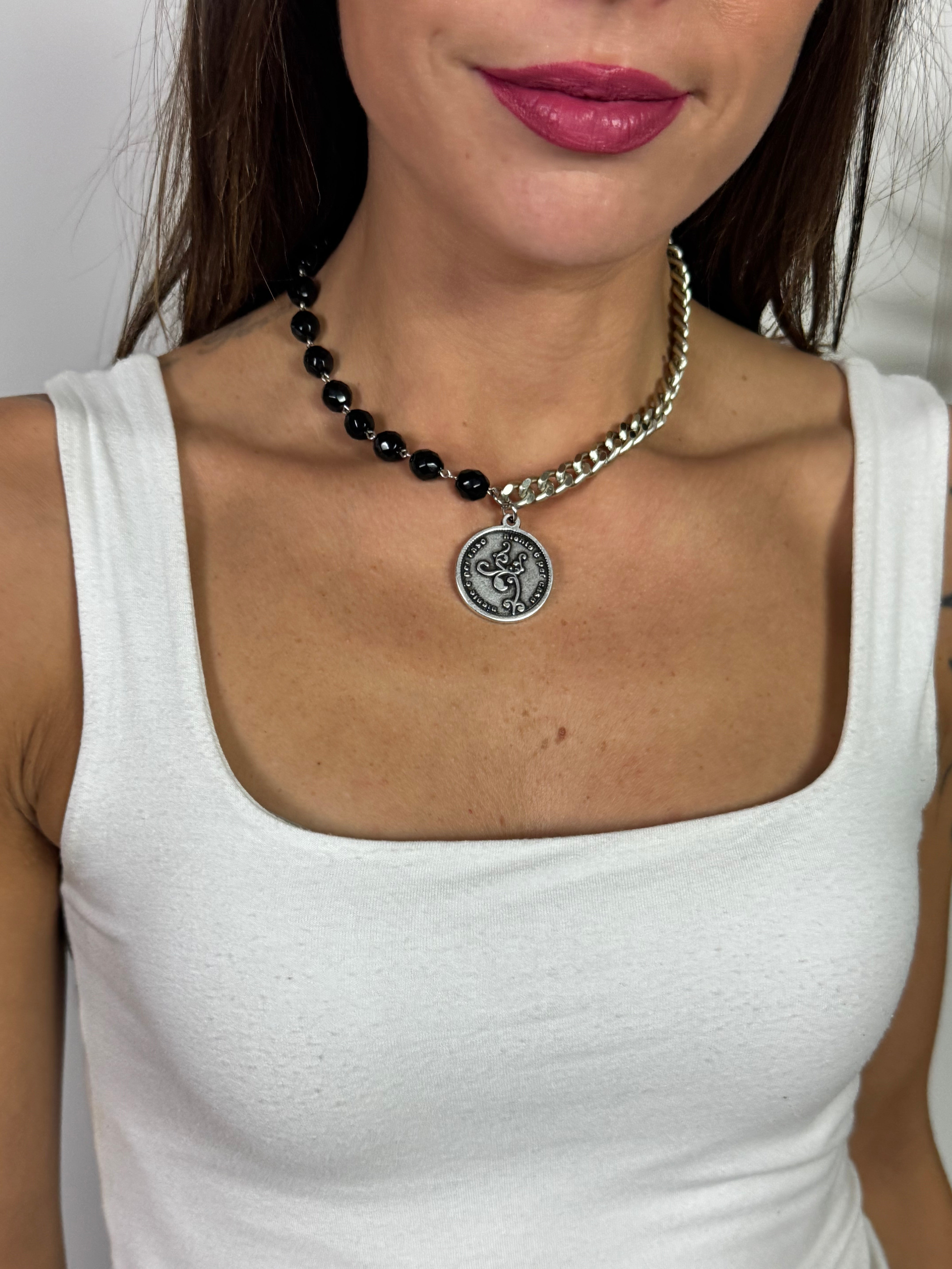 Collana / Bracciale FRANCESCA CORTA Momi - ARGENTO - MEDAGLIA - NERO