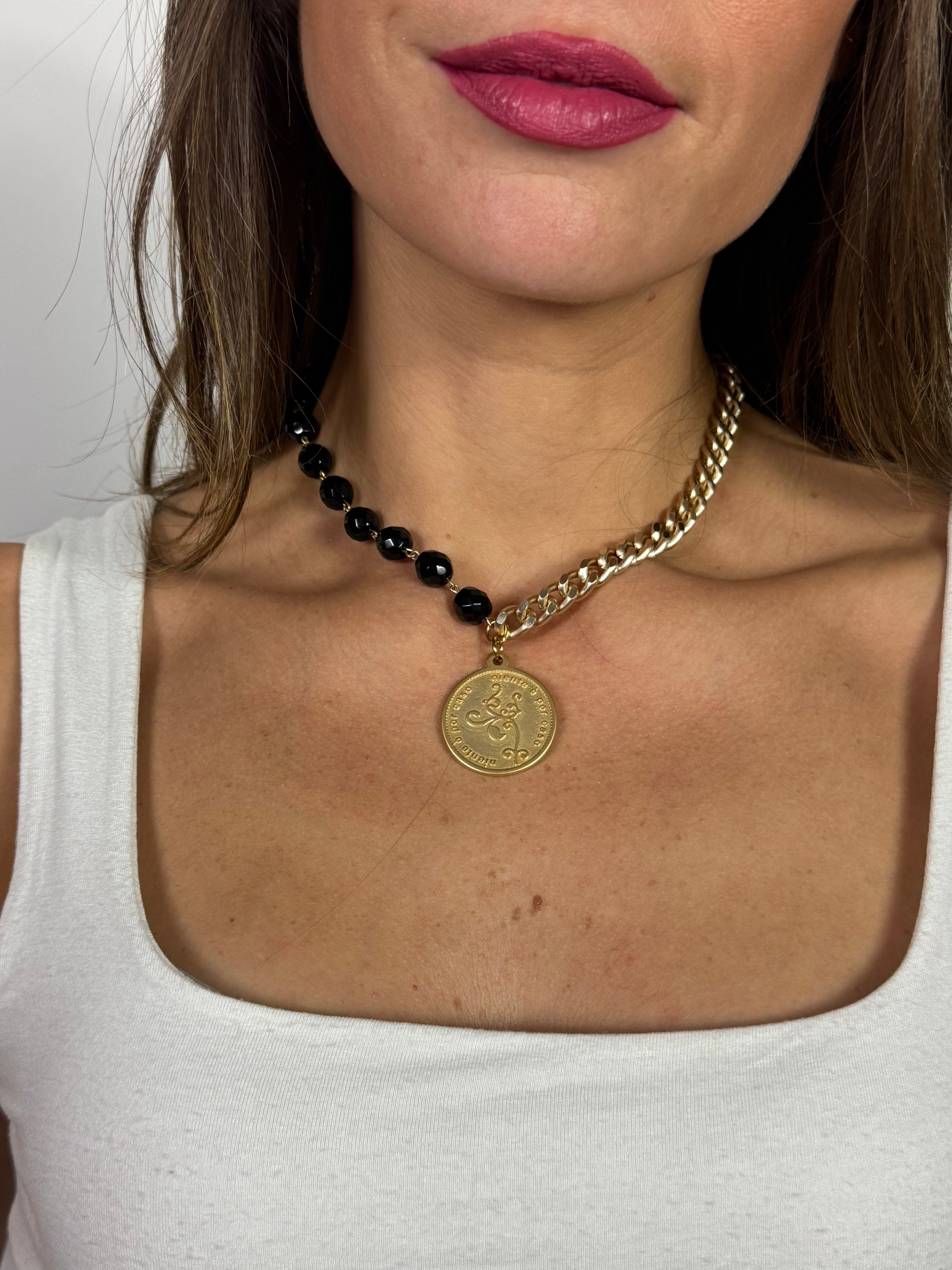 Collana / Bracciale FRANCESCA CORTA Momi - ORO - MEDAGLIA - NERO