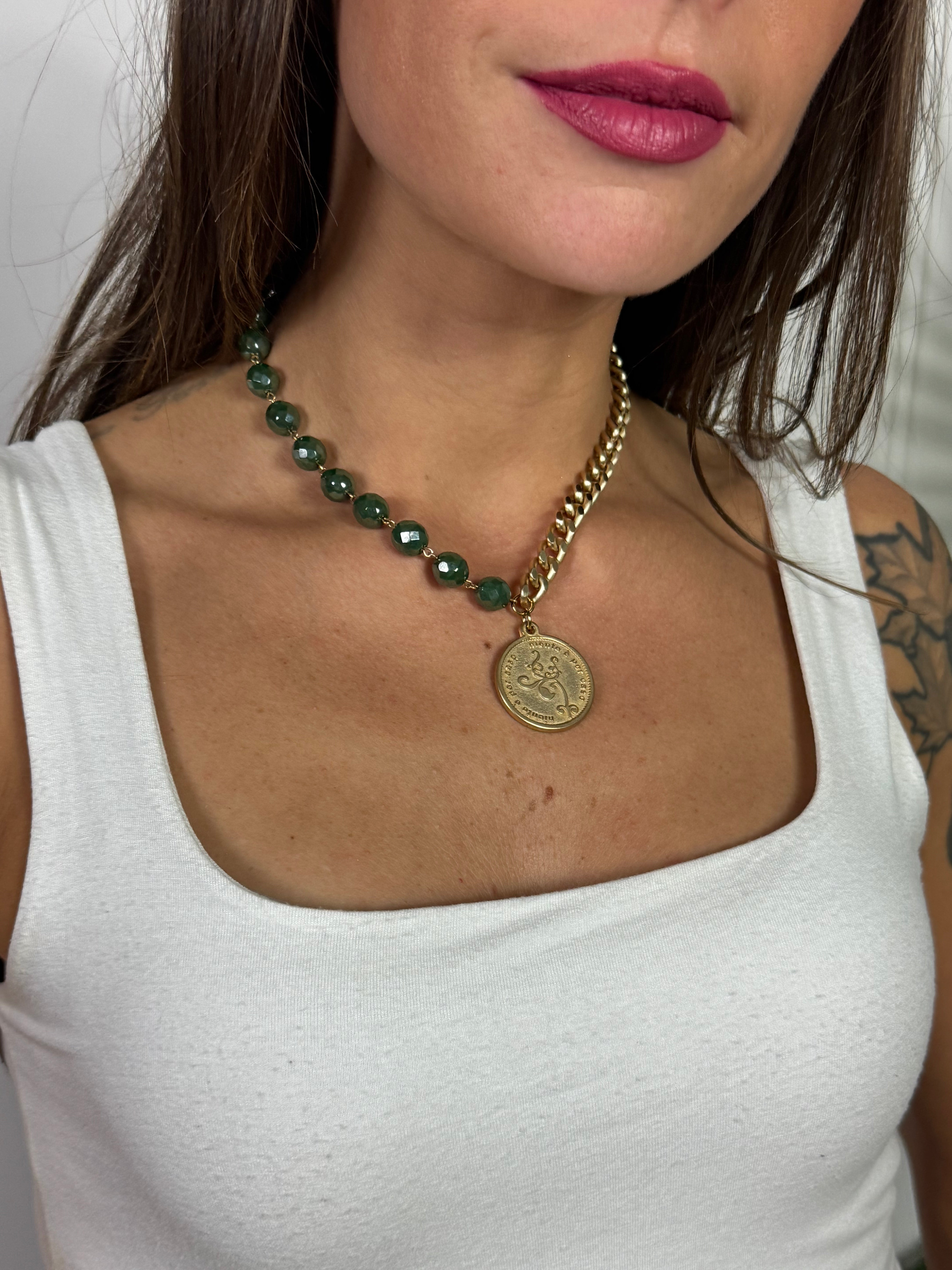 Collana / Bracciale FRANCESCA CORTA Momi - ORO - MEDAGLIA - VERDE SMERALDO