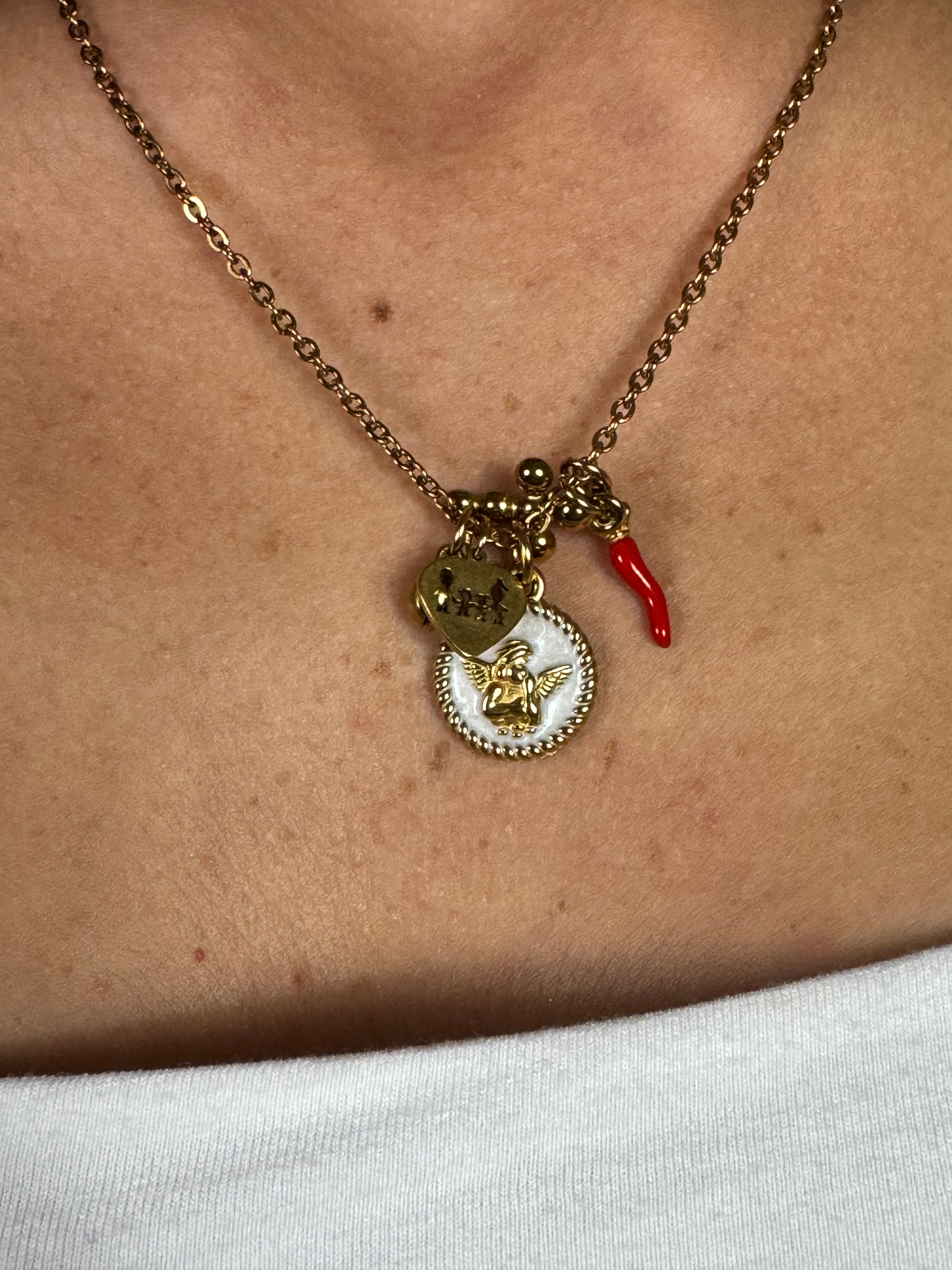Collana con ciondoli Momi SONAGLIETTO, ANGELO, CORNO ROSSO,CROCE ORO,FAMILY