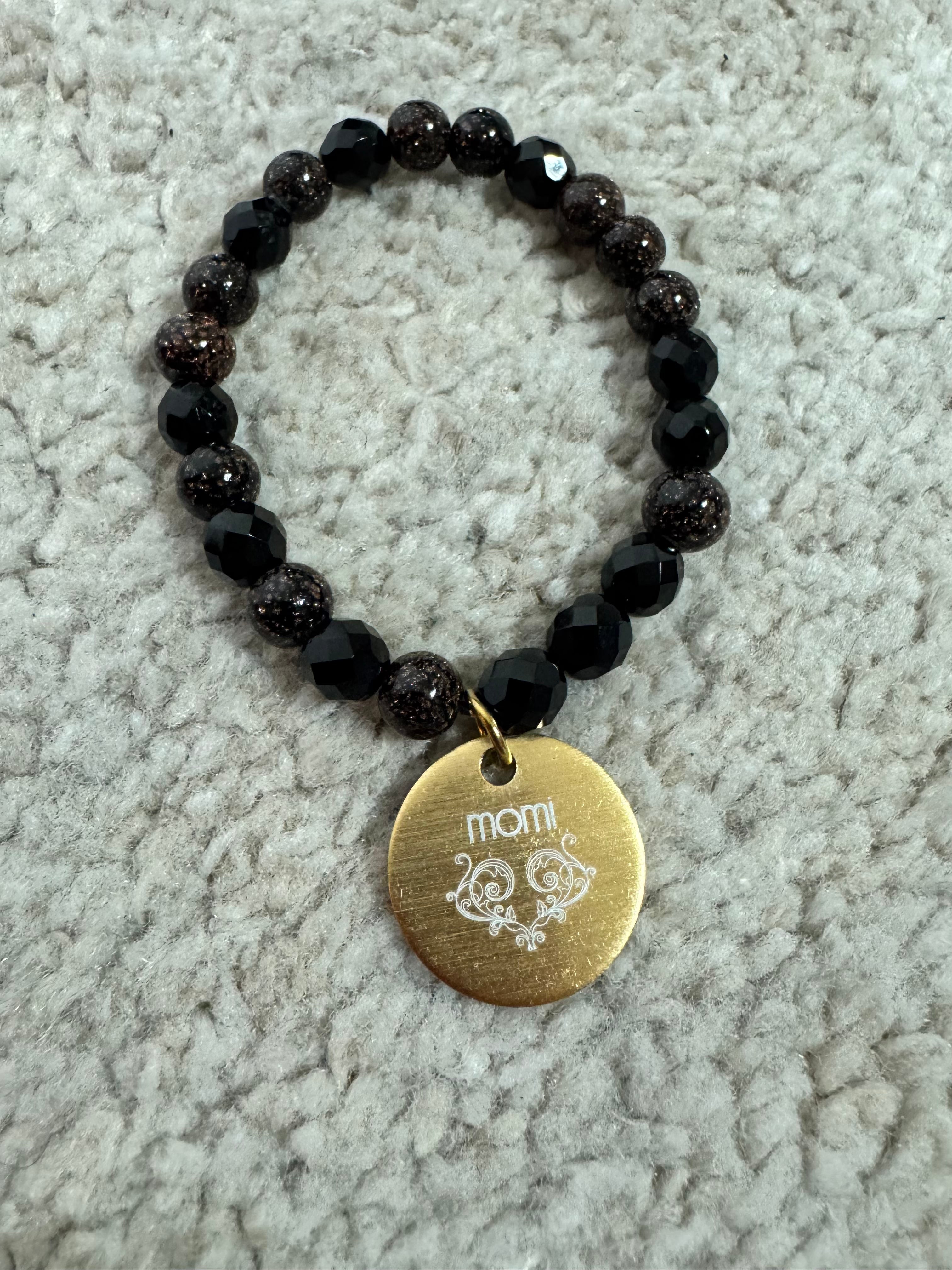 BRACCIALE Momi - MEDAGLIA - PERLE BRONZO CRISTALLI NERO