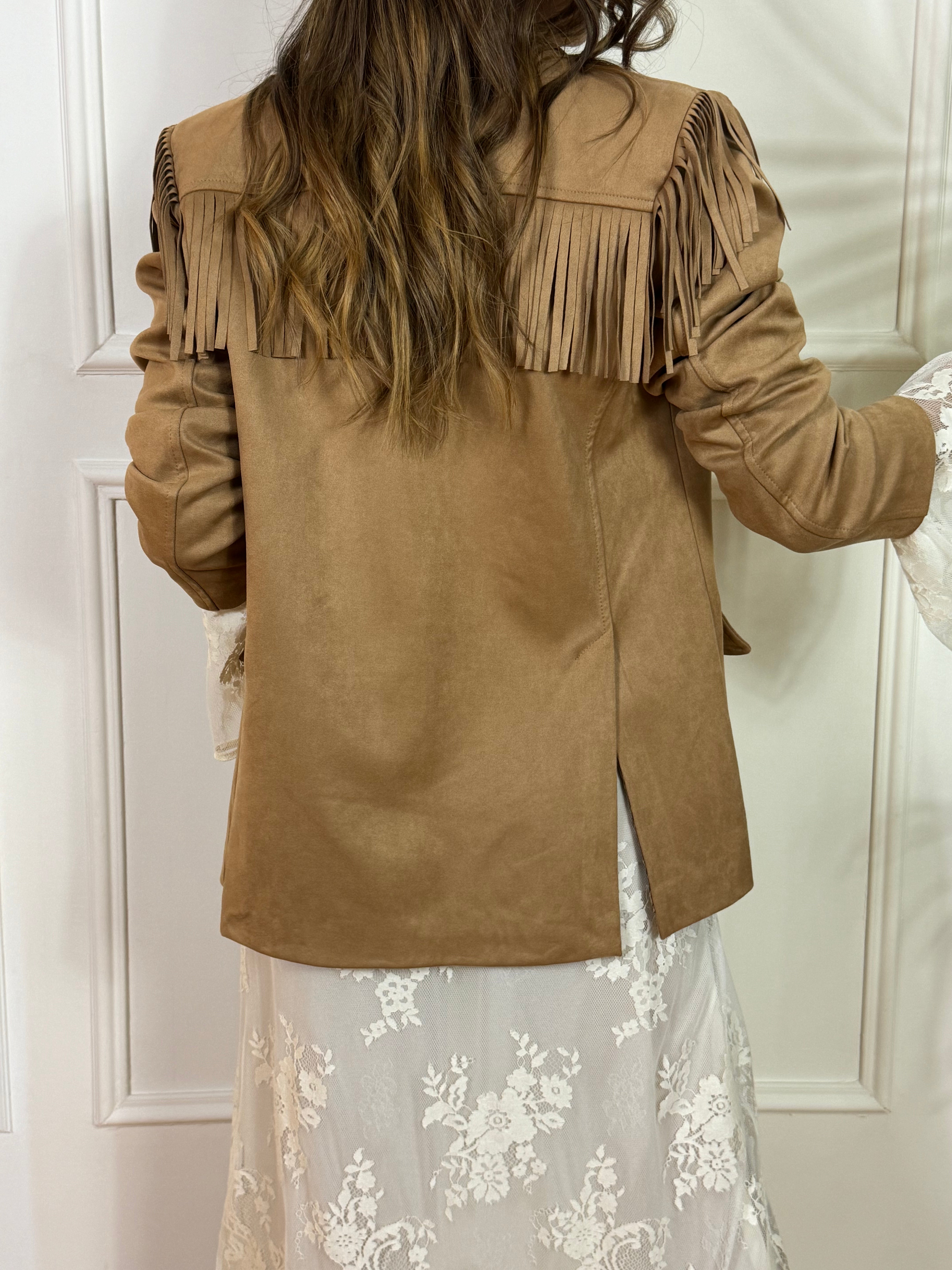 Giacca scamosciata Tensione In con frange davanti dietro e su spalle CAMMELLO BEIGE