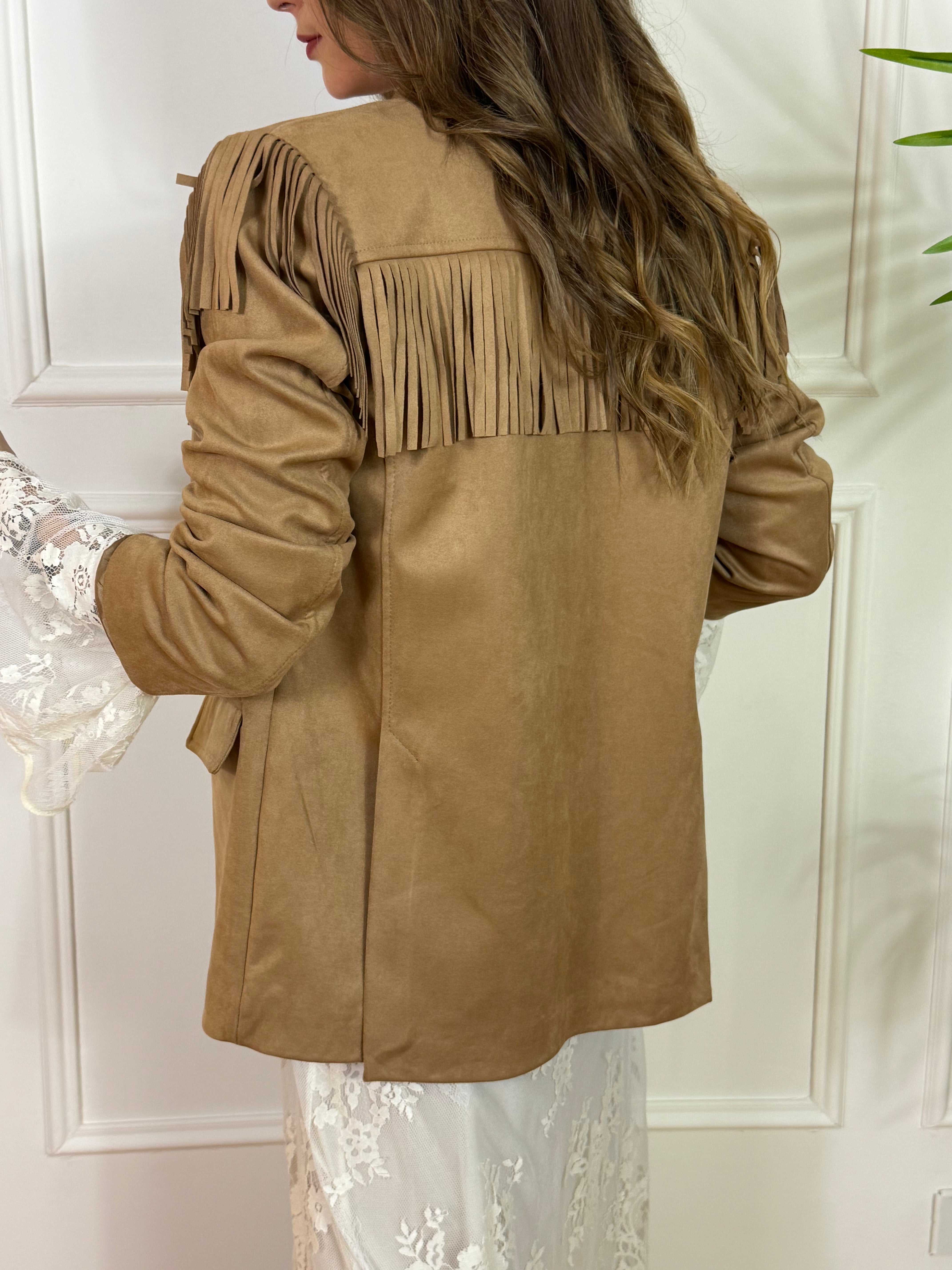 Giacca scamosciata Tensione In con frange davanti dietro e su spalle CAMMELLO BEIGE