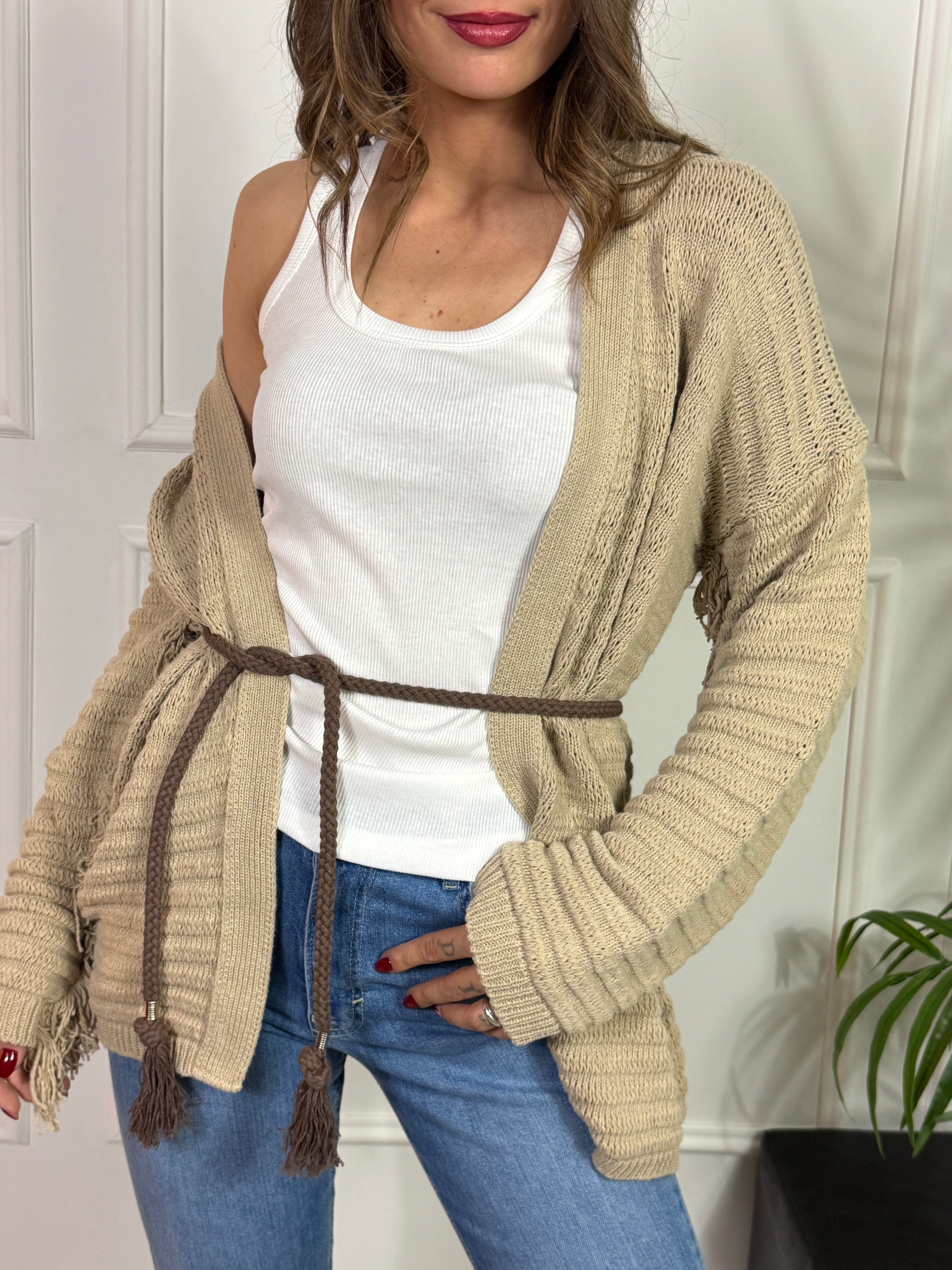 Cardigan frange Kontatto con cintura corda