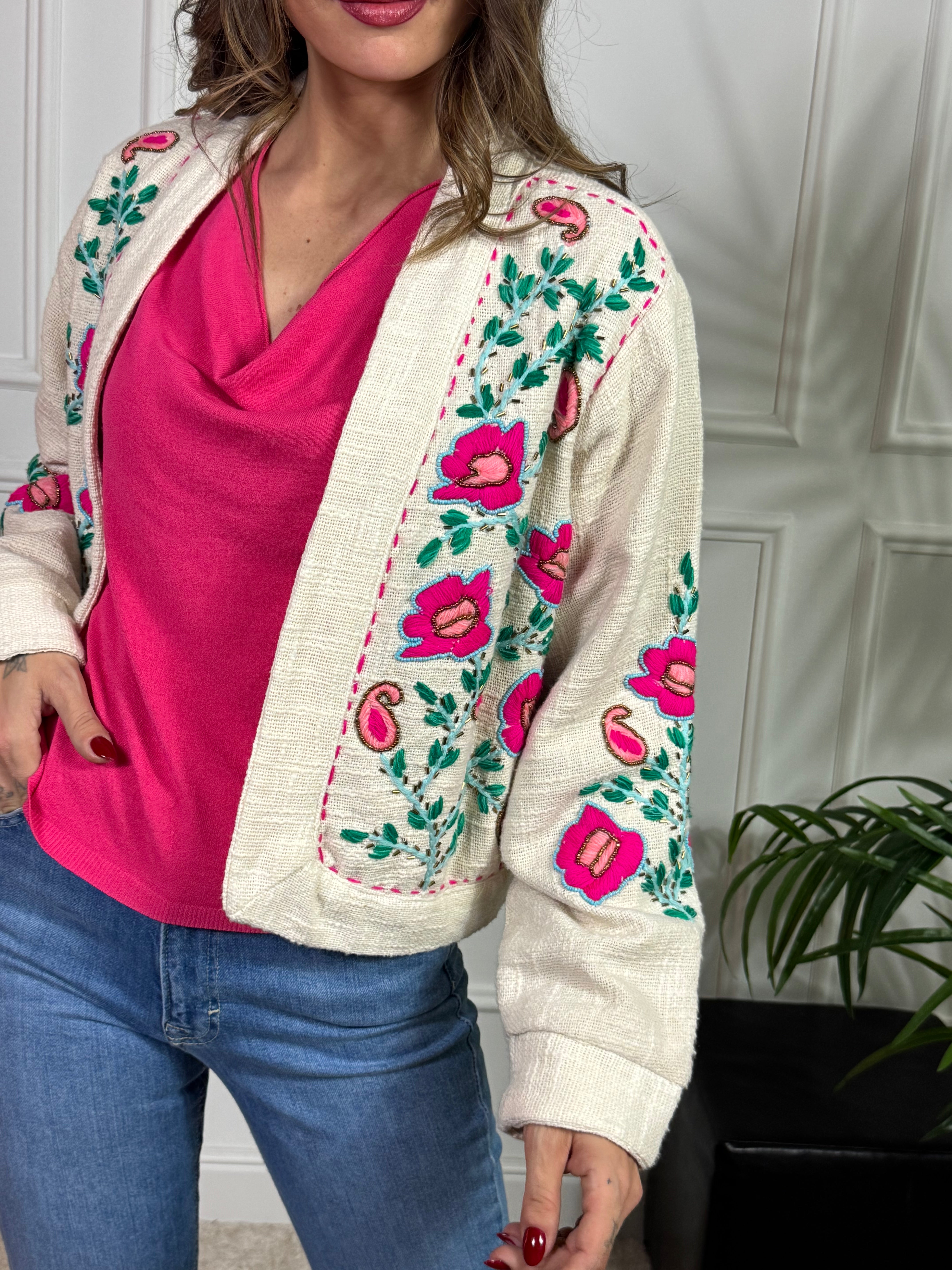 Giacca aperta Kontatto ricami FIORI FUCSIA