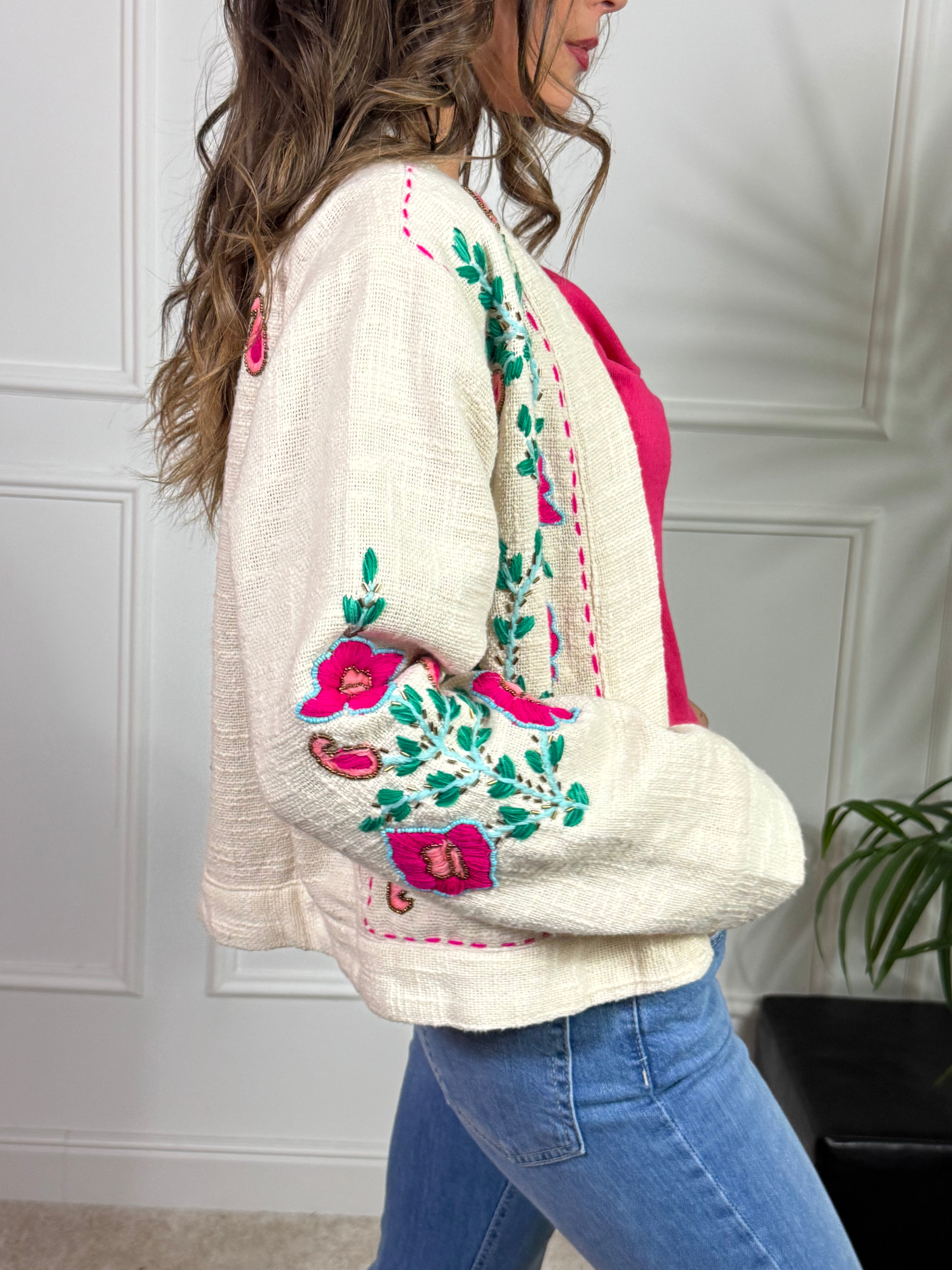 Giacca aperta Kontatto ricami FIORI FUCSIA
