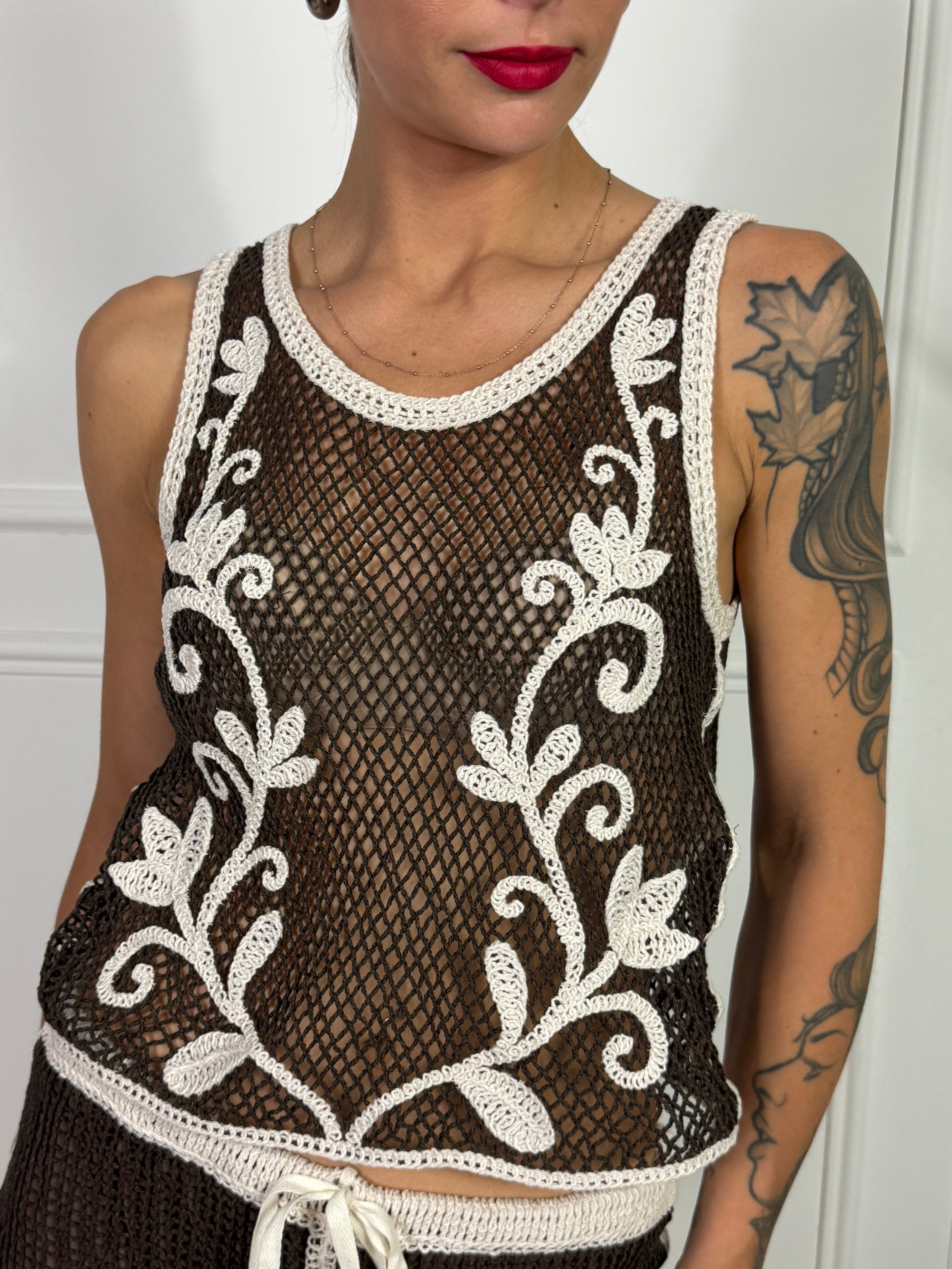 TOP traforato Kikisix MORO RICAMO PANNA