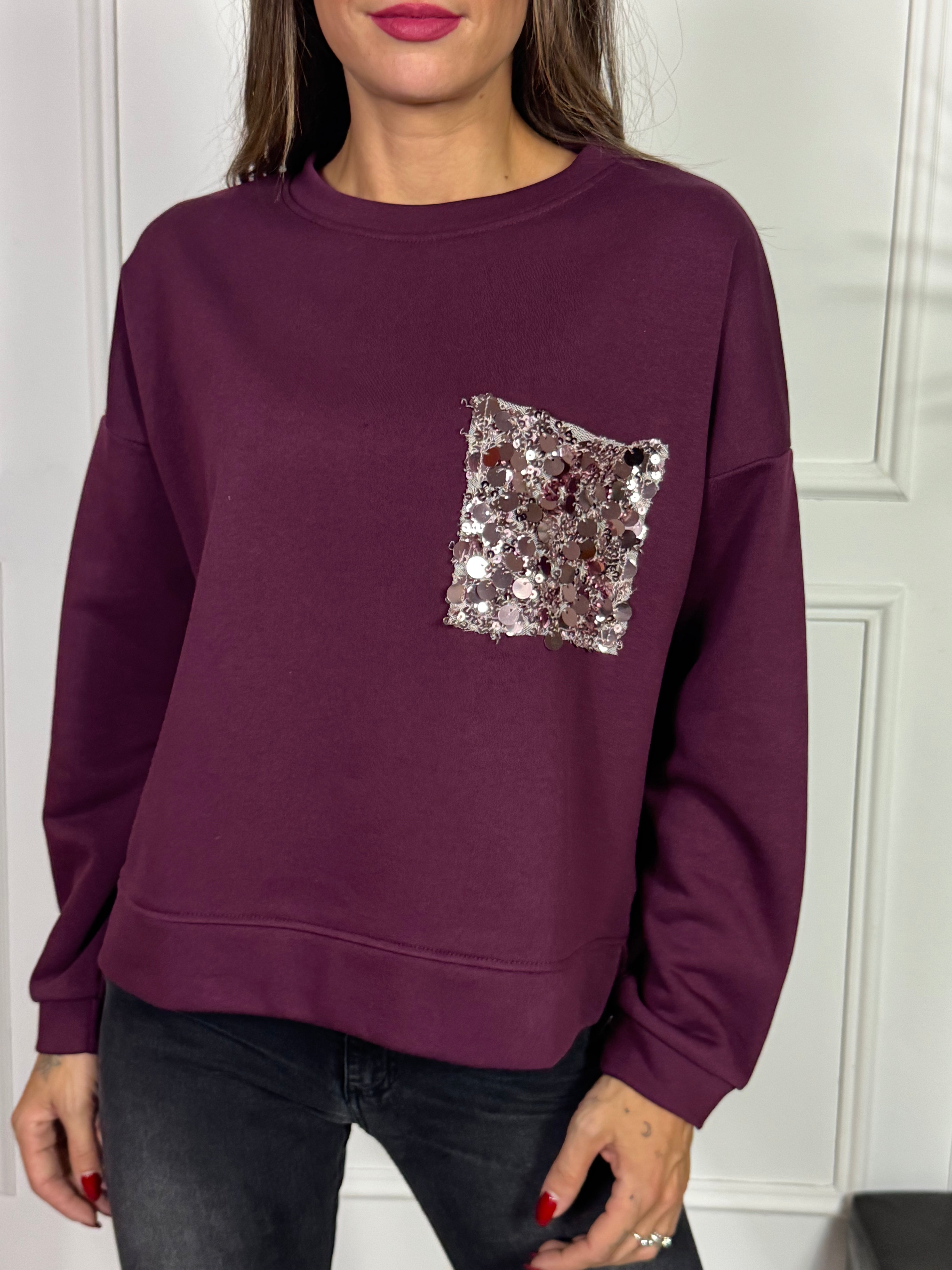 Felpa garzata girocollo Susy Mix tasca paillettes