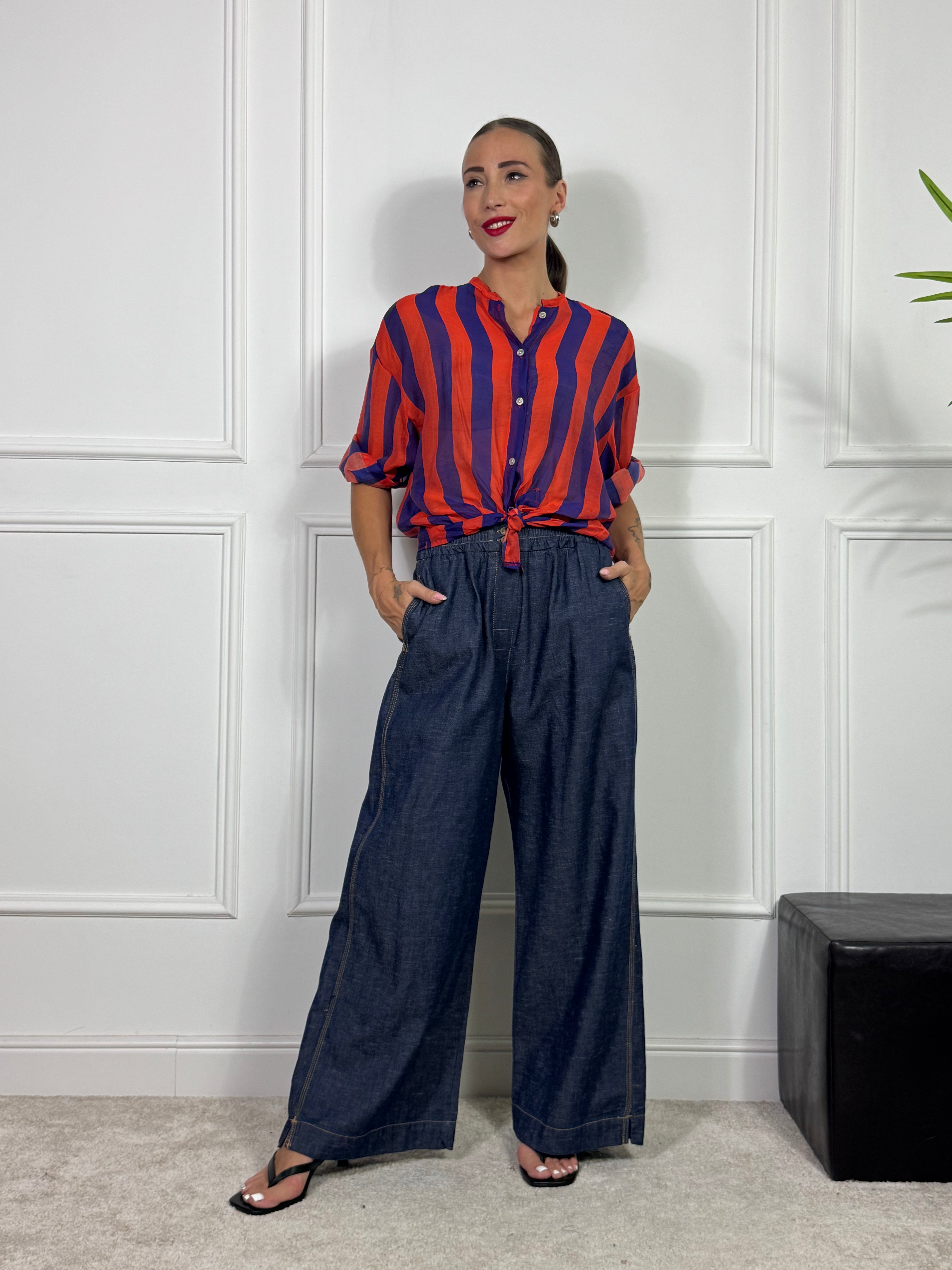 Pantalone palazzo Victoria ILMH in cotone jeans scuro