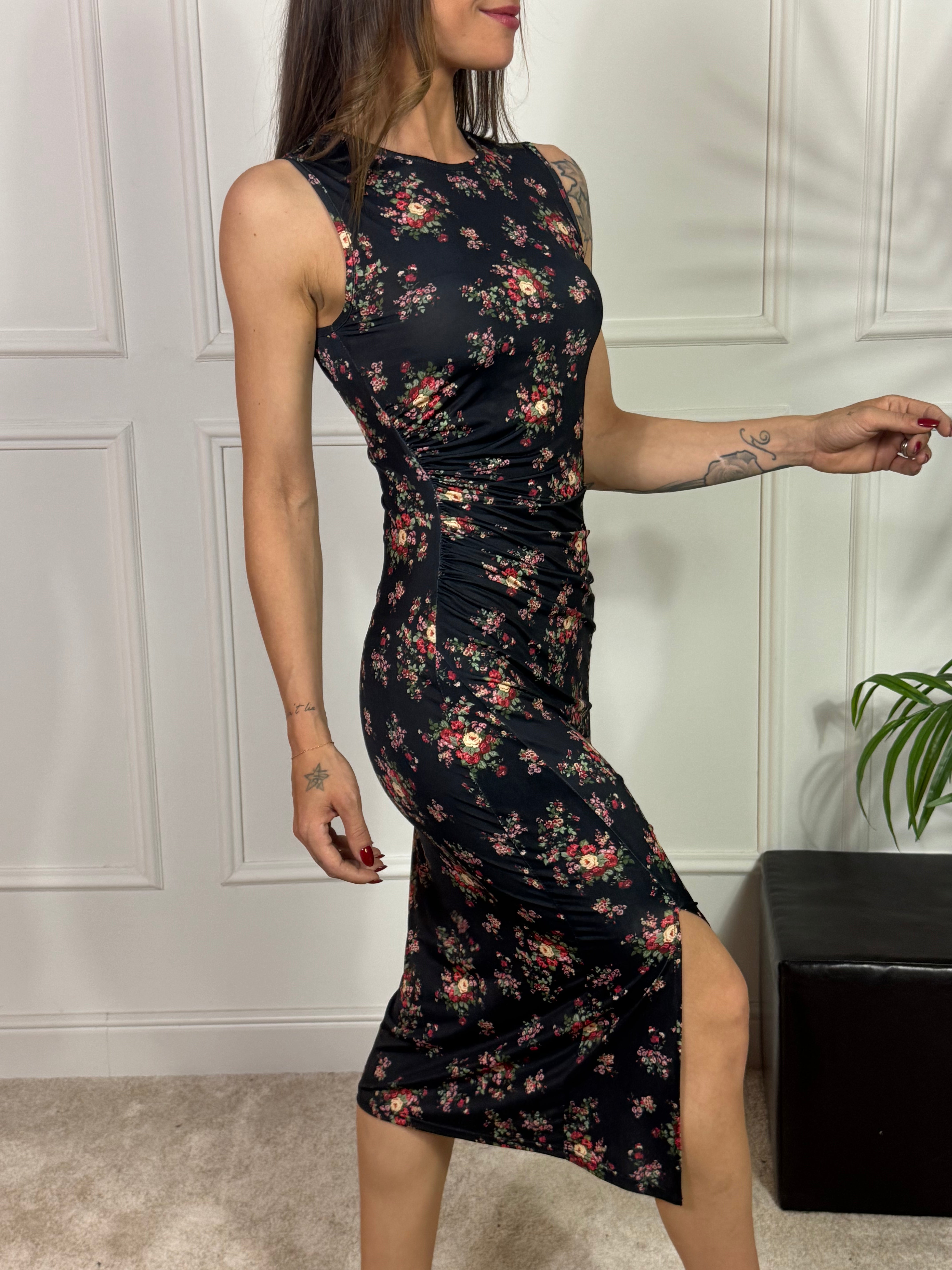 Abito TUBINO MIDI SMANICATO Susy Mix FIORELLINI DRAPPEGGIO LATERALE