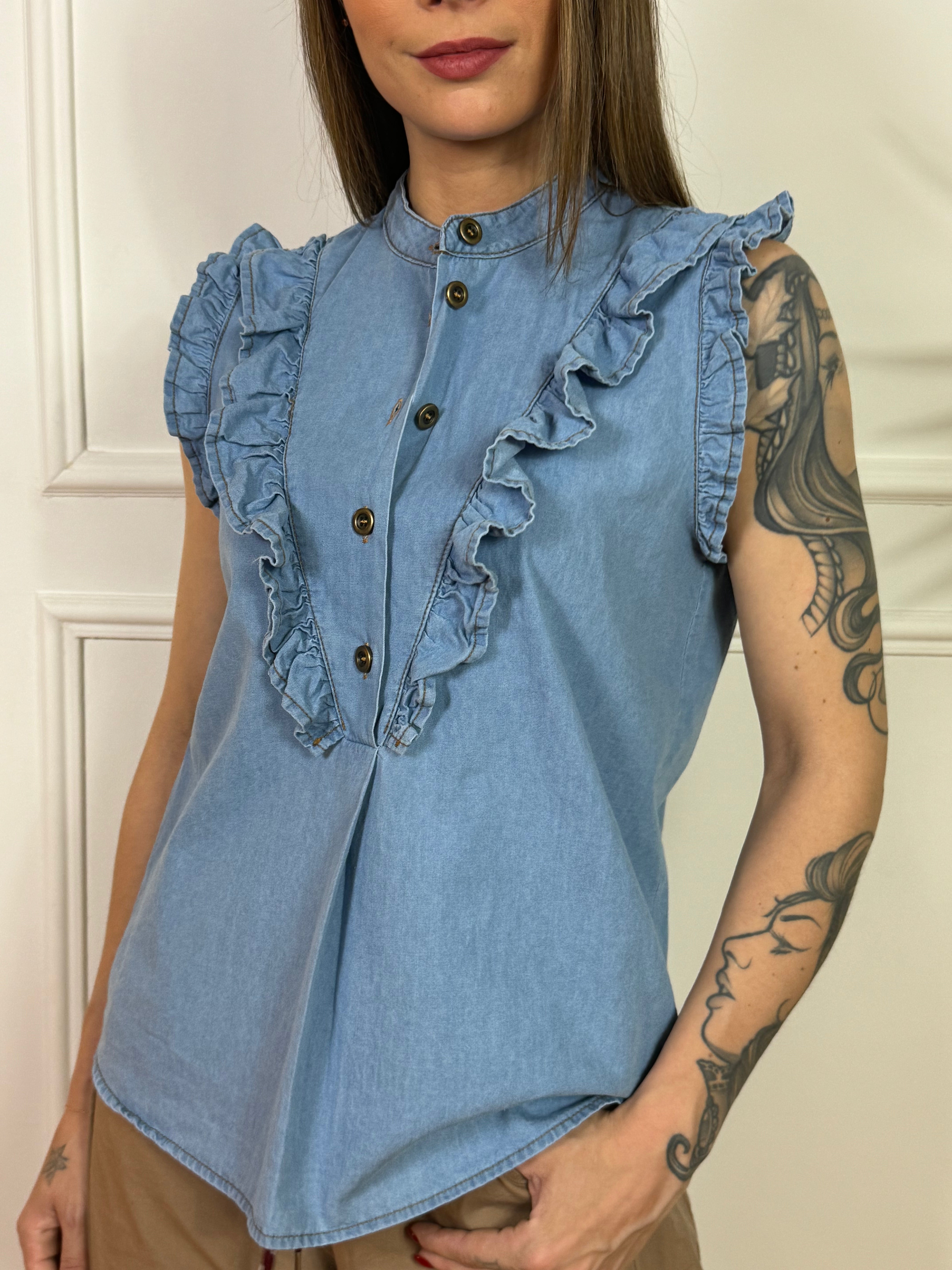 Camicia SMANICATA Kikisix chambray con rouches davanti