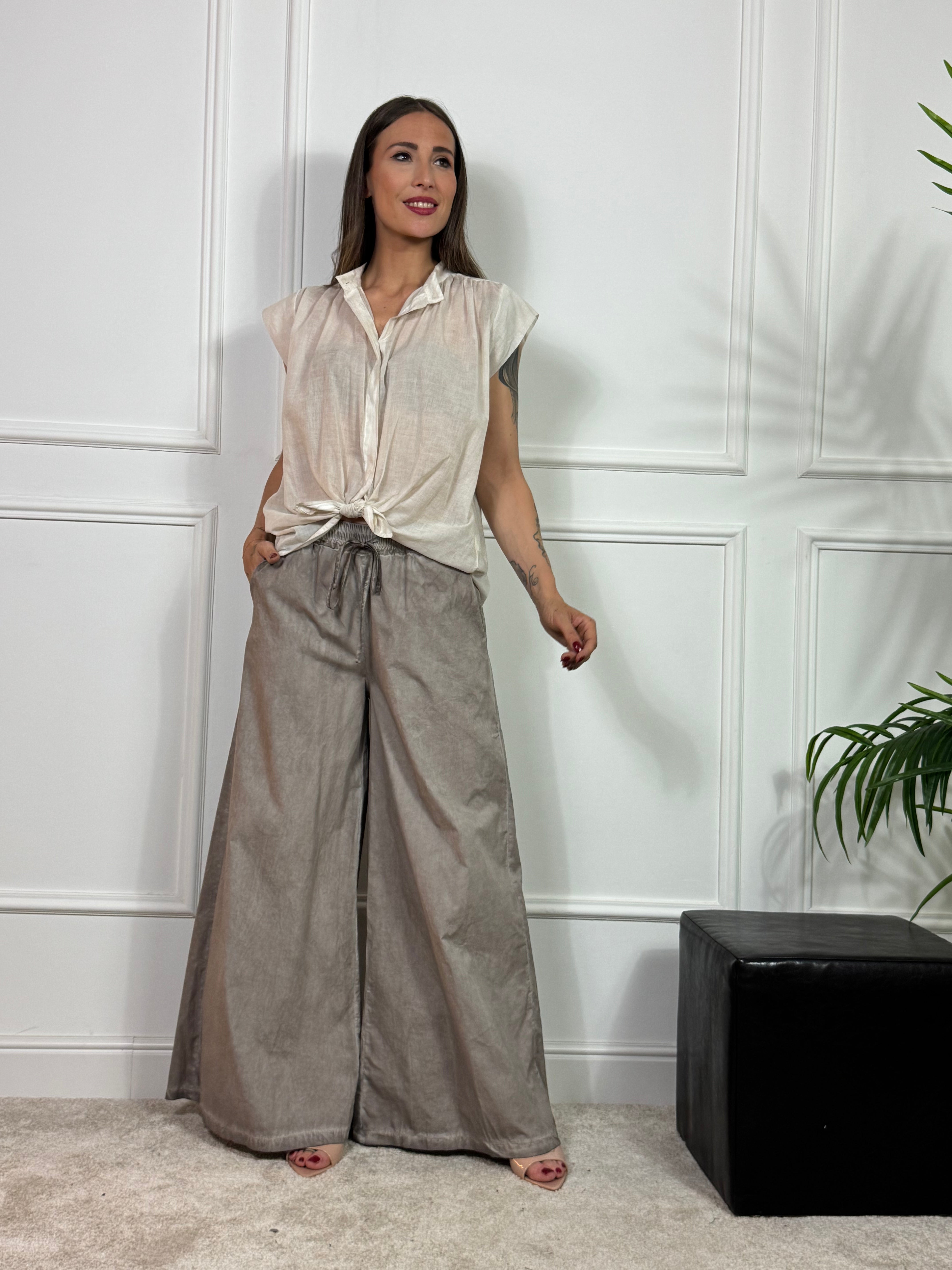PANTALONE PALAZZO IN COTONE  Have One EFFETTO VINTAGE con coulisse