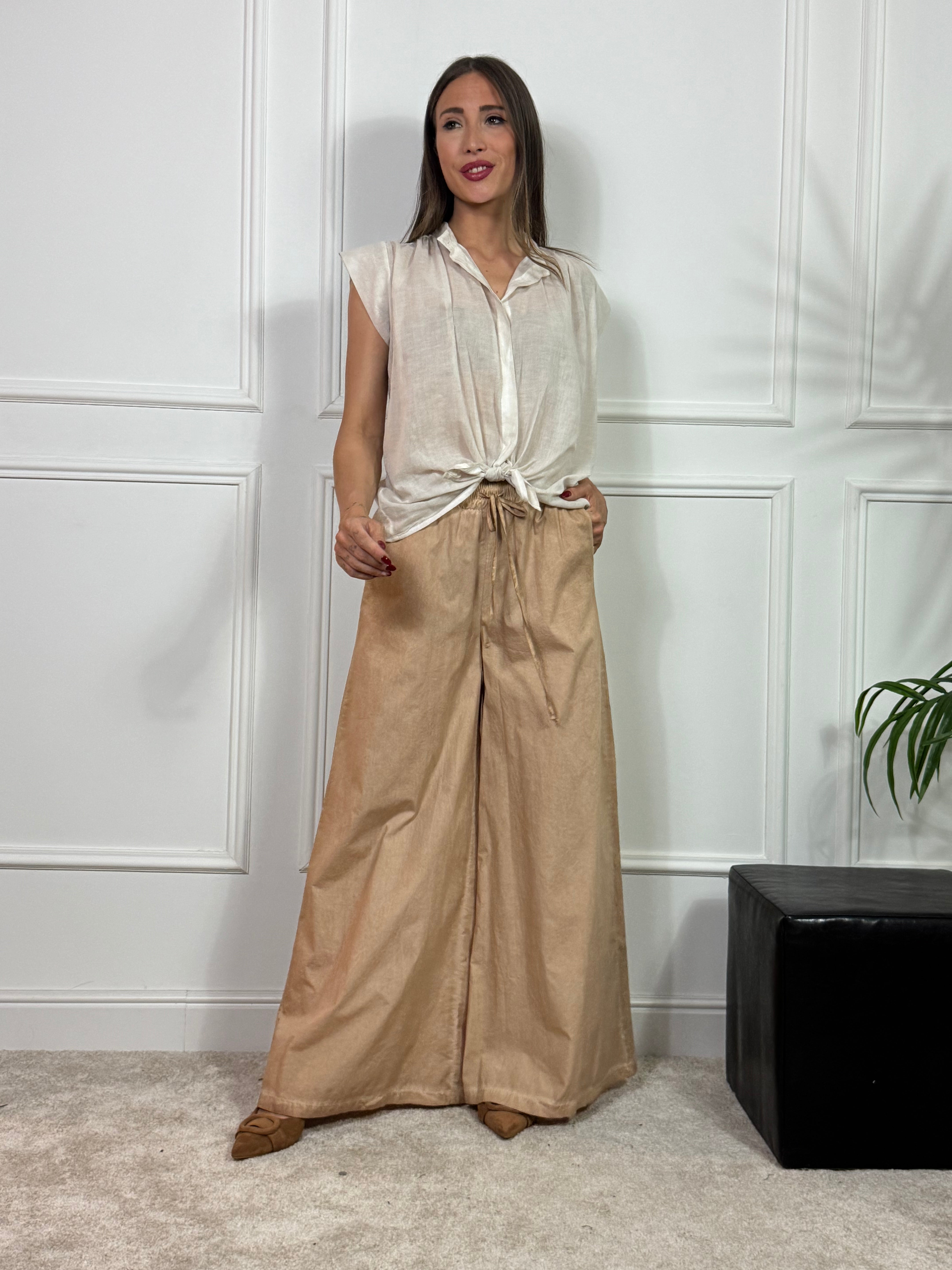 PANTALONE PALAZZO IN COTONE  Have One EFFETTO VINTAGE con coulisse