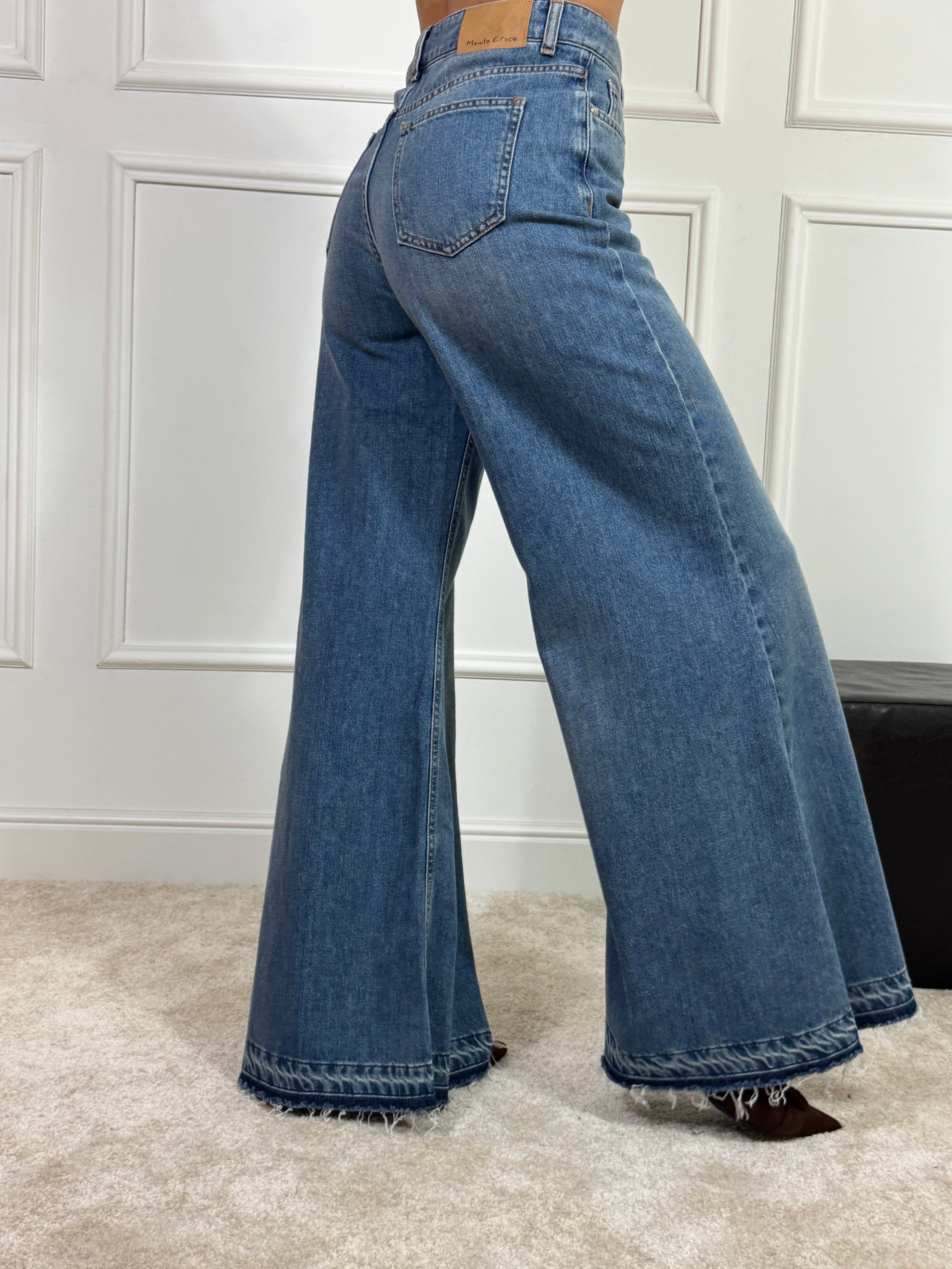 Jeans MANILA GRACE a PALAZZO con BORDINO TAGLIO VIVO SCURO- lavaggio SAND WASH