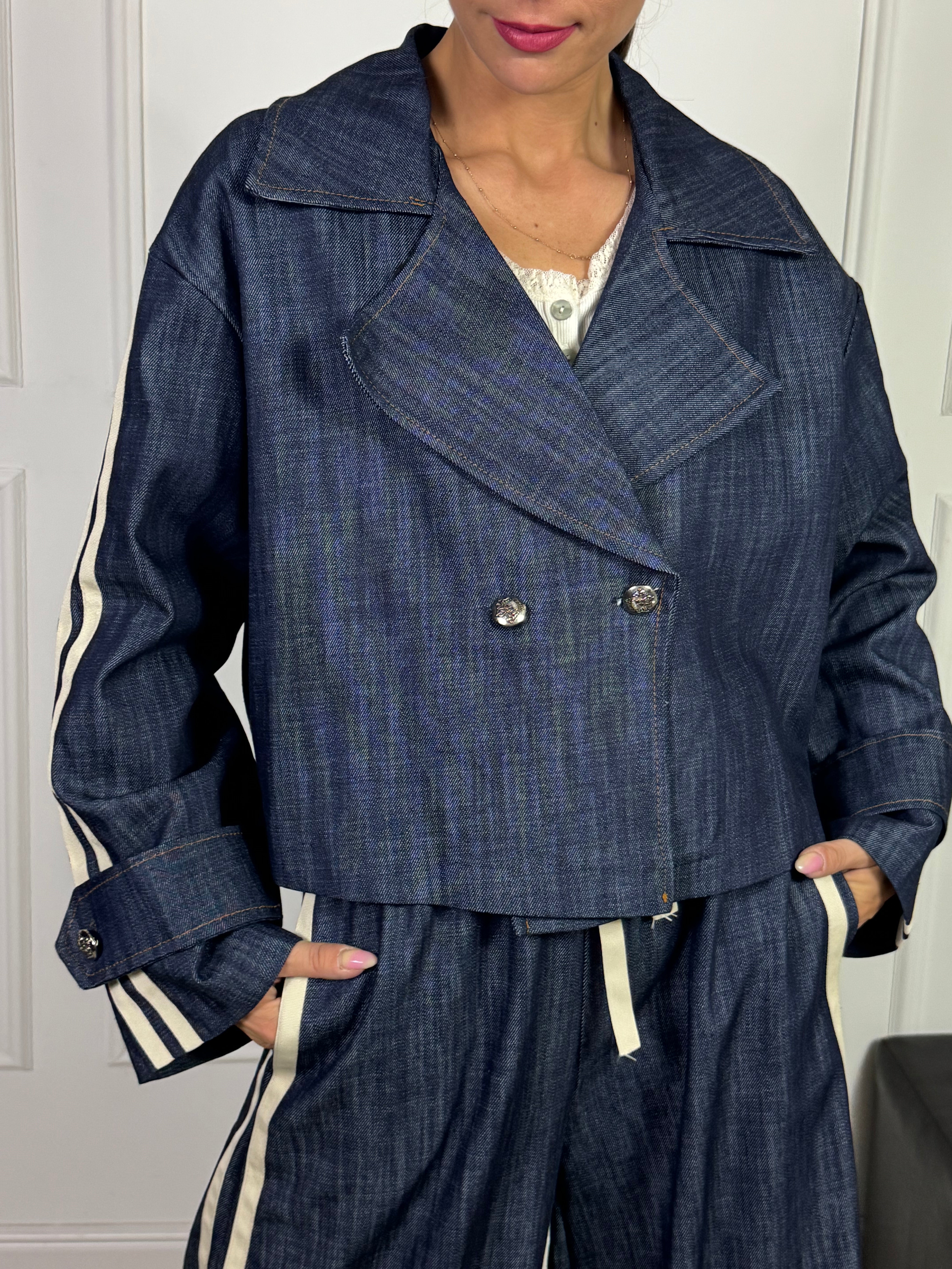 GIACCA SCATOLETTA DENIM SCURO Victoria ILMH BANDE LATERALI