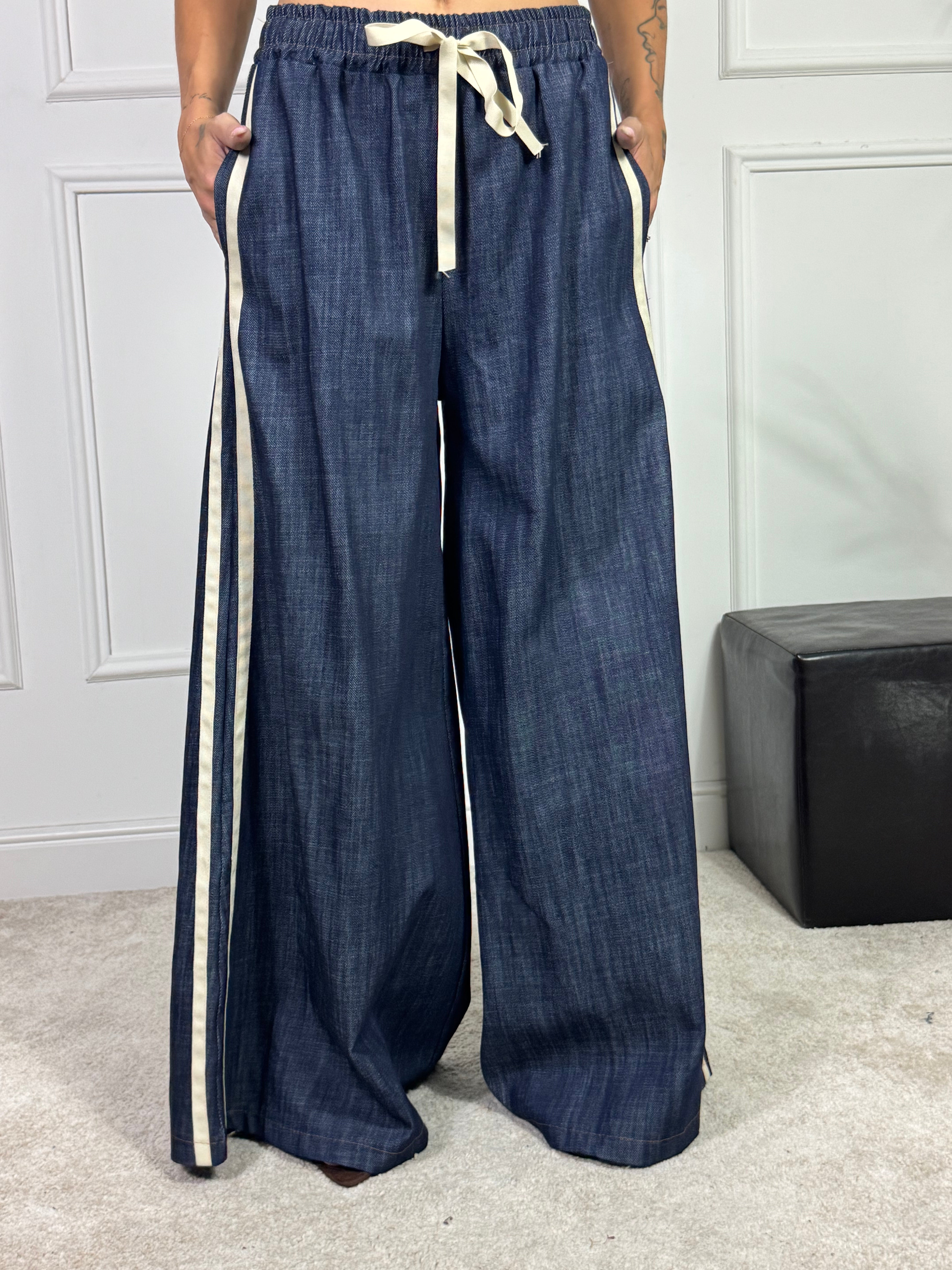 PANTALONE PALAZZO con coulisse DENIM SCURO Victoria ILMH BANDE LATERALI