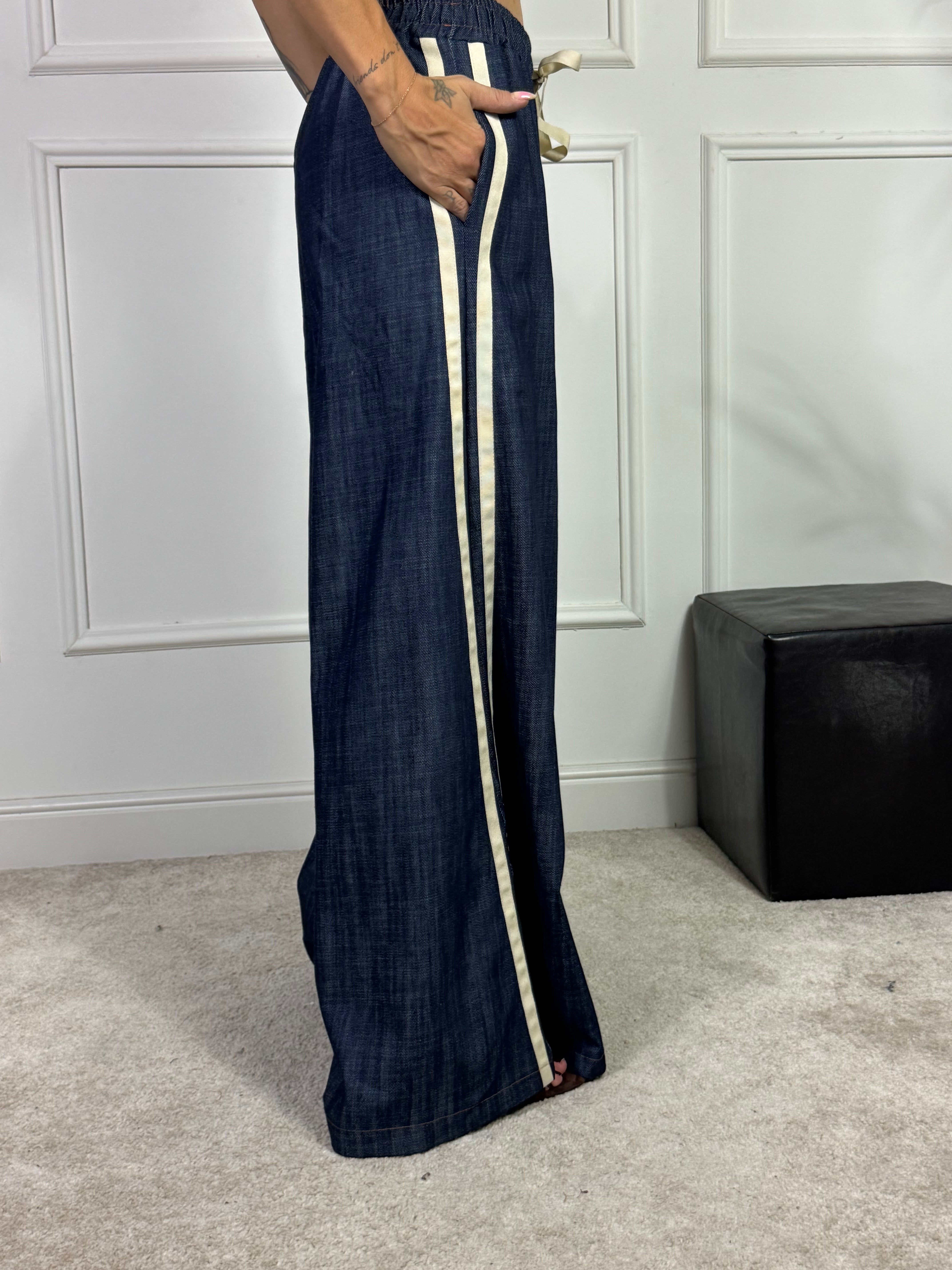 PANTALONE PALAZZO con coulisse DENIM SCURO Victoria ILMH BANDE LATERALI