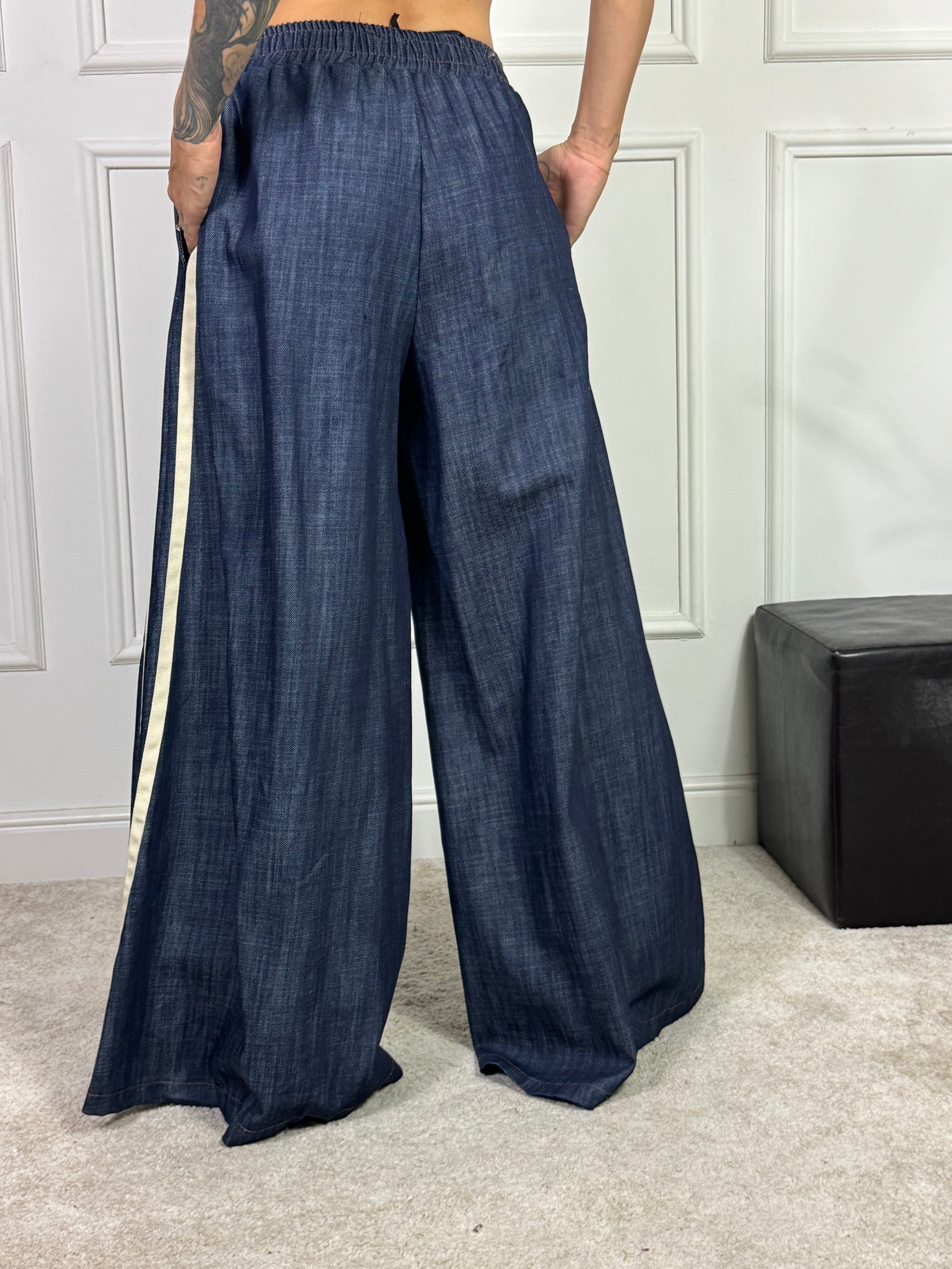 PANTALONE PALAZZO con coulisse DENIM SCURO Victoria ILMH BANDE LATERALI