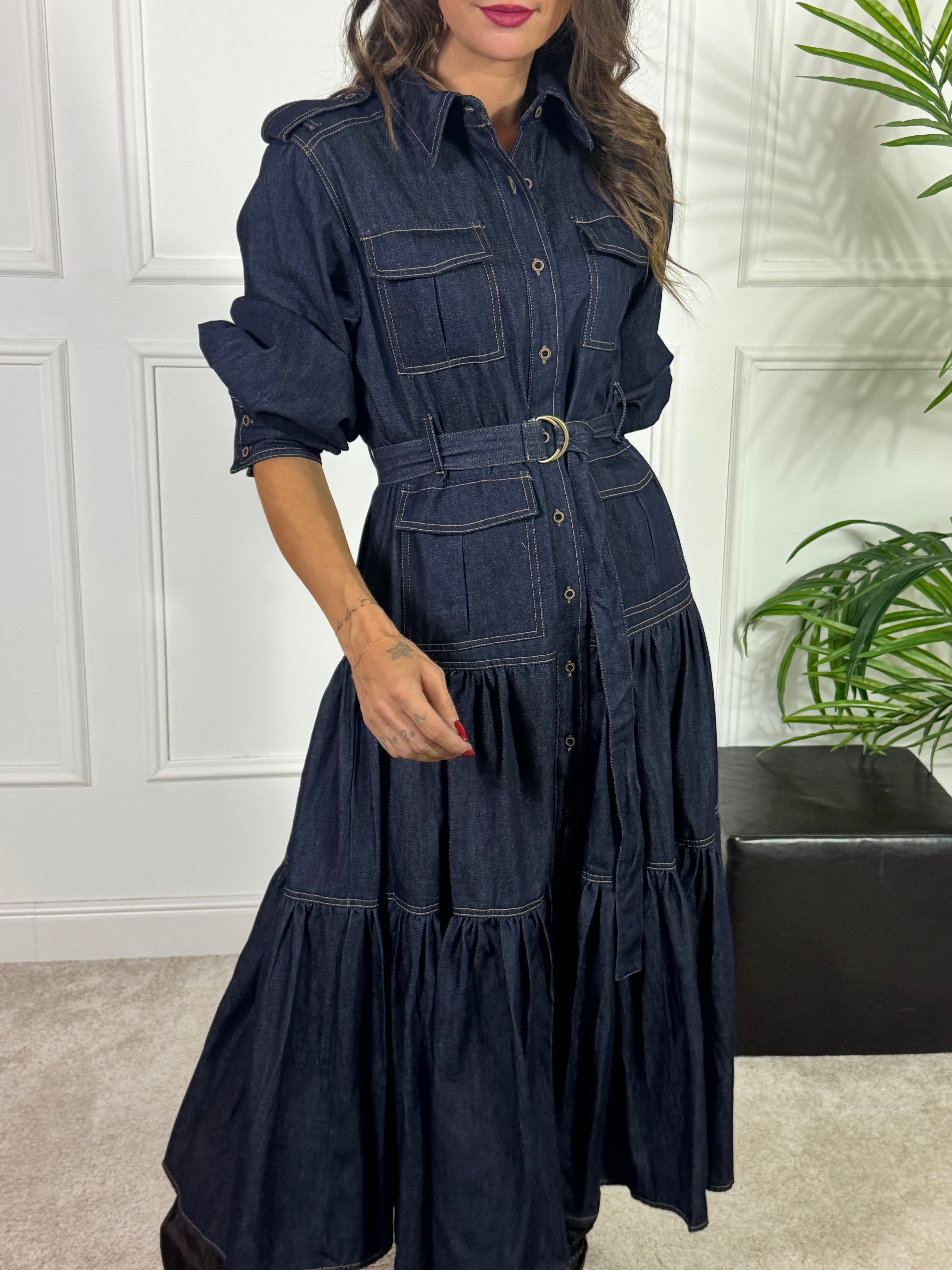Abito lungo chemisier in jeans Victoria ILMH balze e tasche