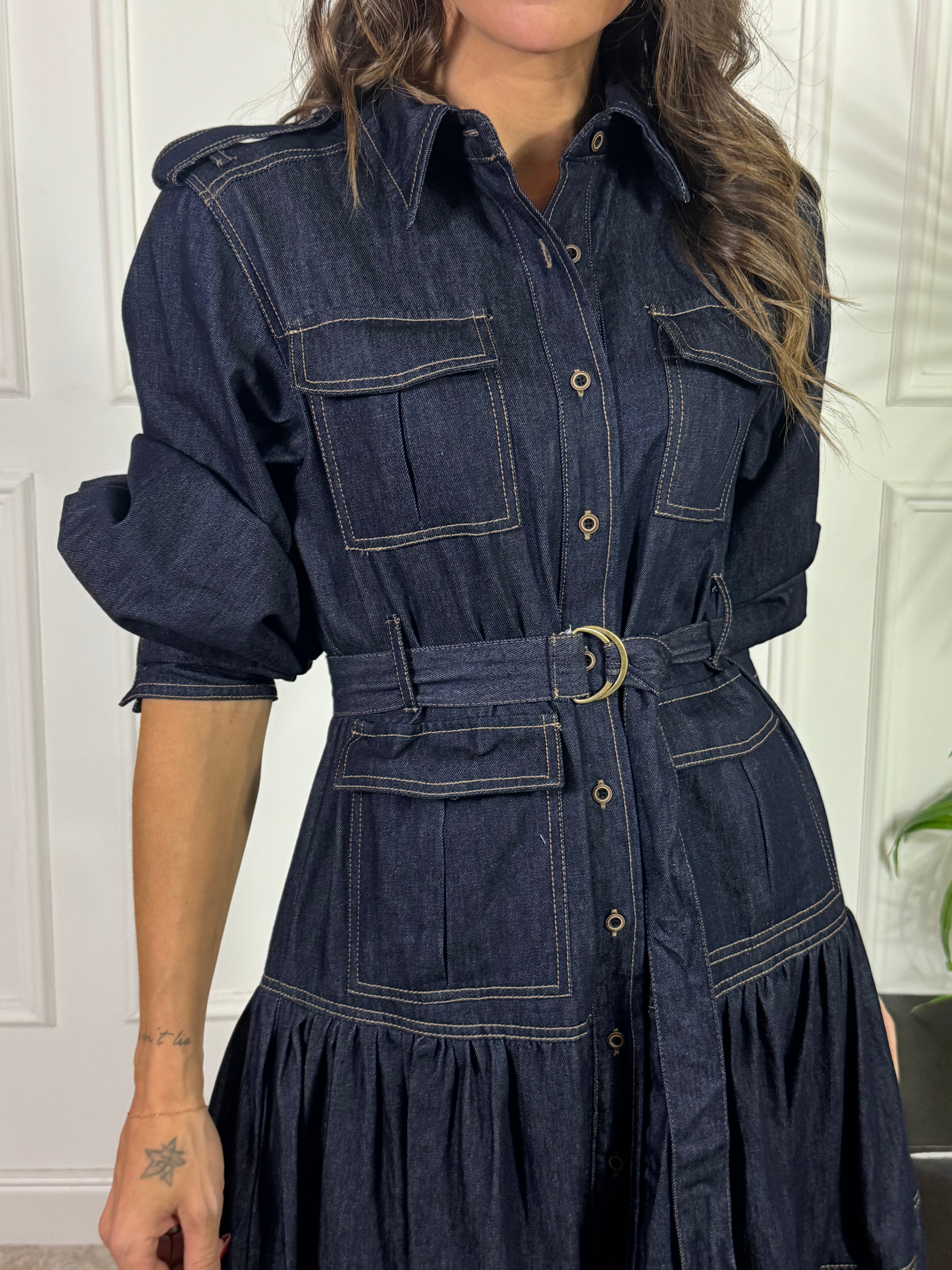Abito lungo chemisier in jeans Victoria ILMH balze e tasche